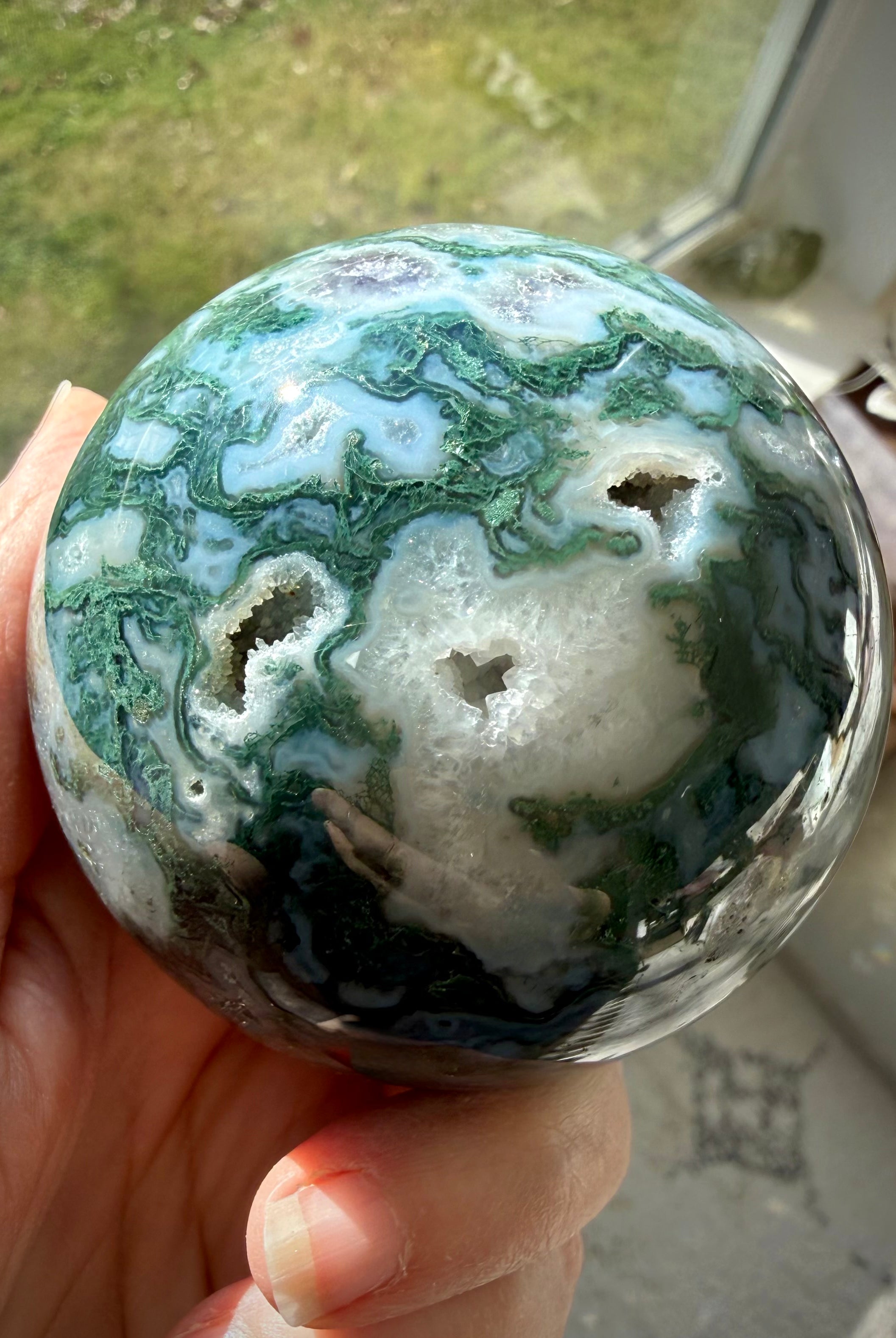One of a kind Moss Agate sphere with natural Amethyst druzy and scenic mineral patterns