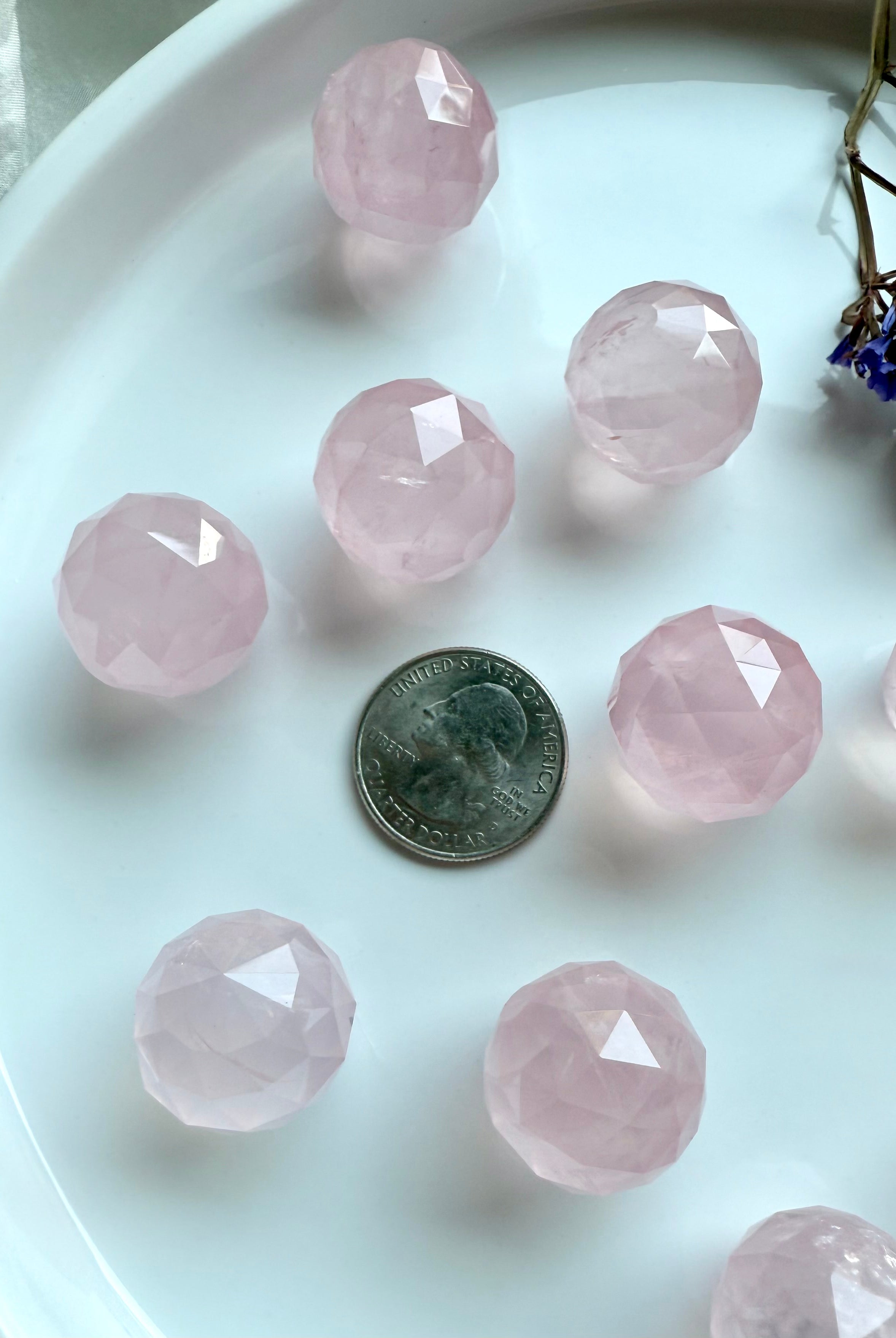 Faceted pink crystal balls on a white plate with a US quarter for scale.