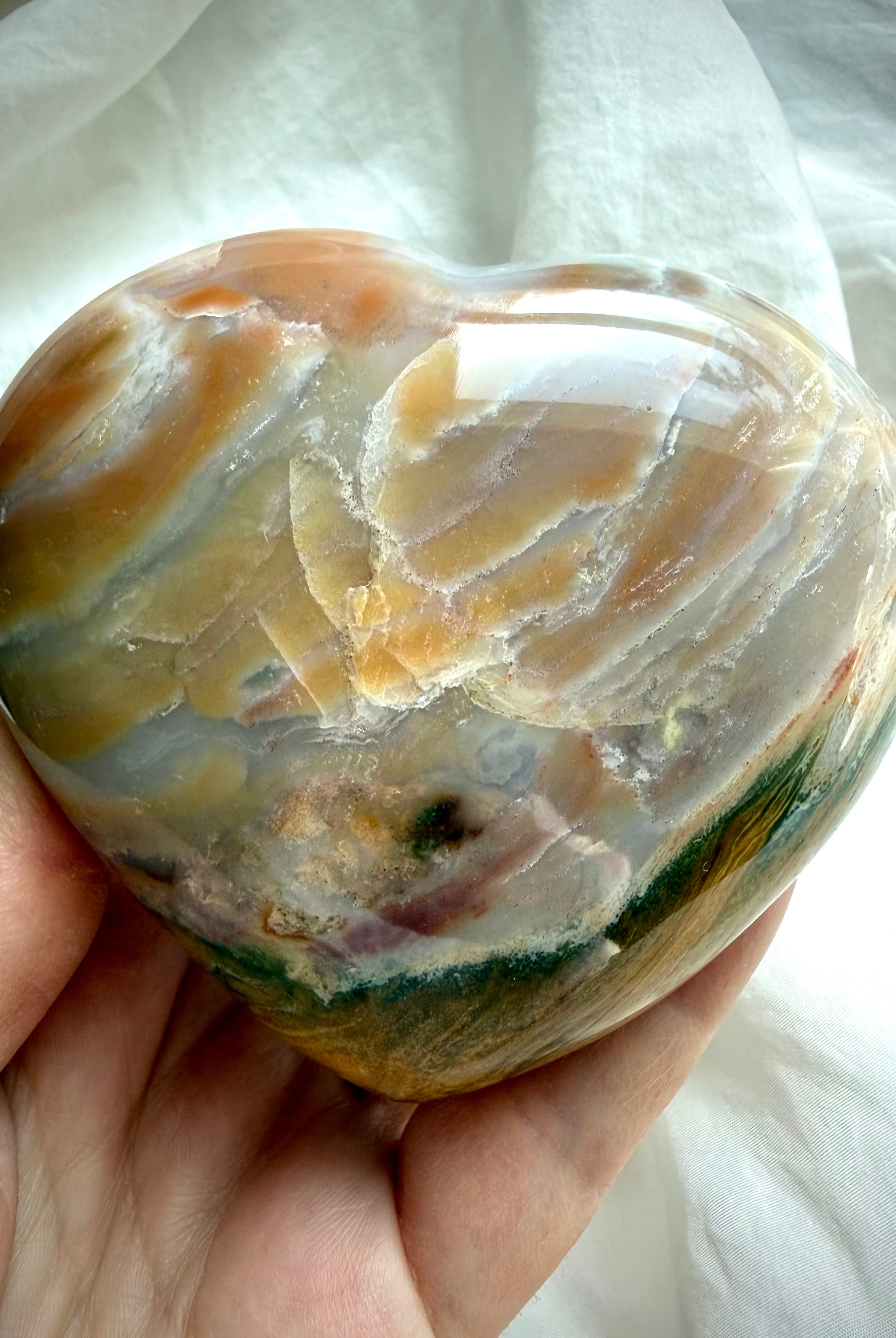 Sea Jasper heart crystal with flowing agate patterns and earthy grounding tones, one of a kind Ocean Jasper meditation stone