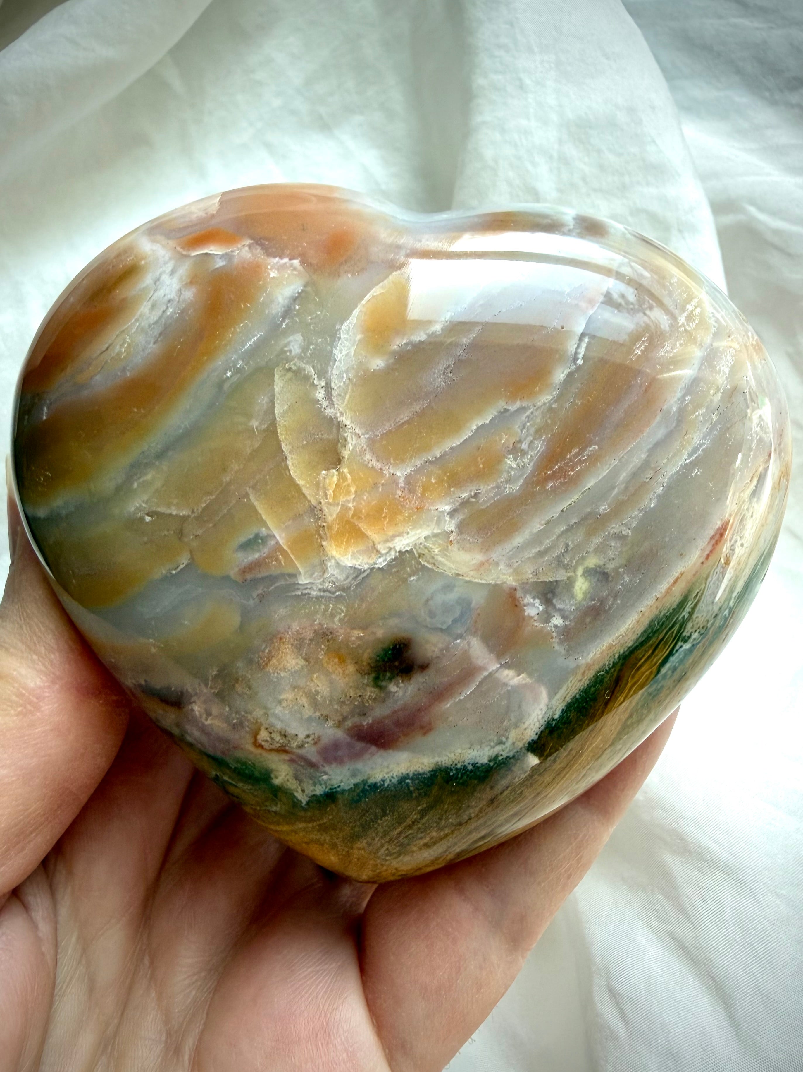 Sea Jasper heart crystal with flowing agate patterns and earthy grounding tones, one of a kind Ocean Jasper meditation stone