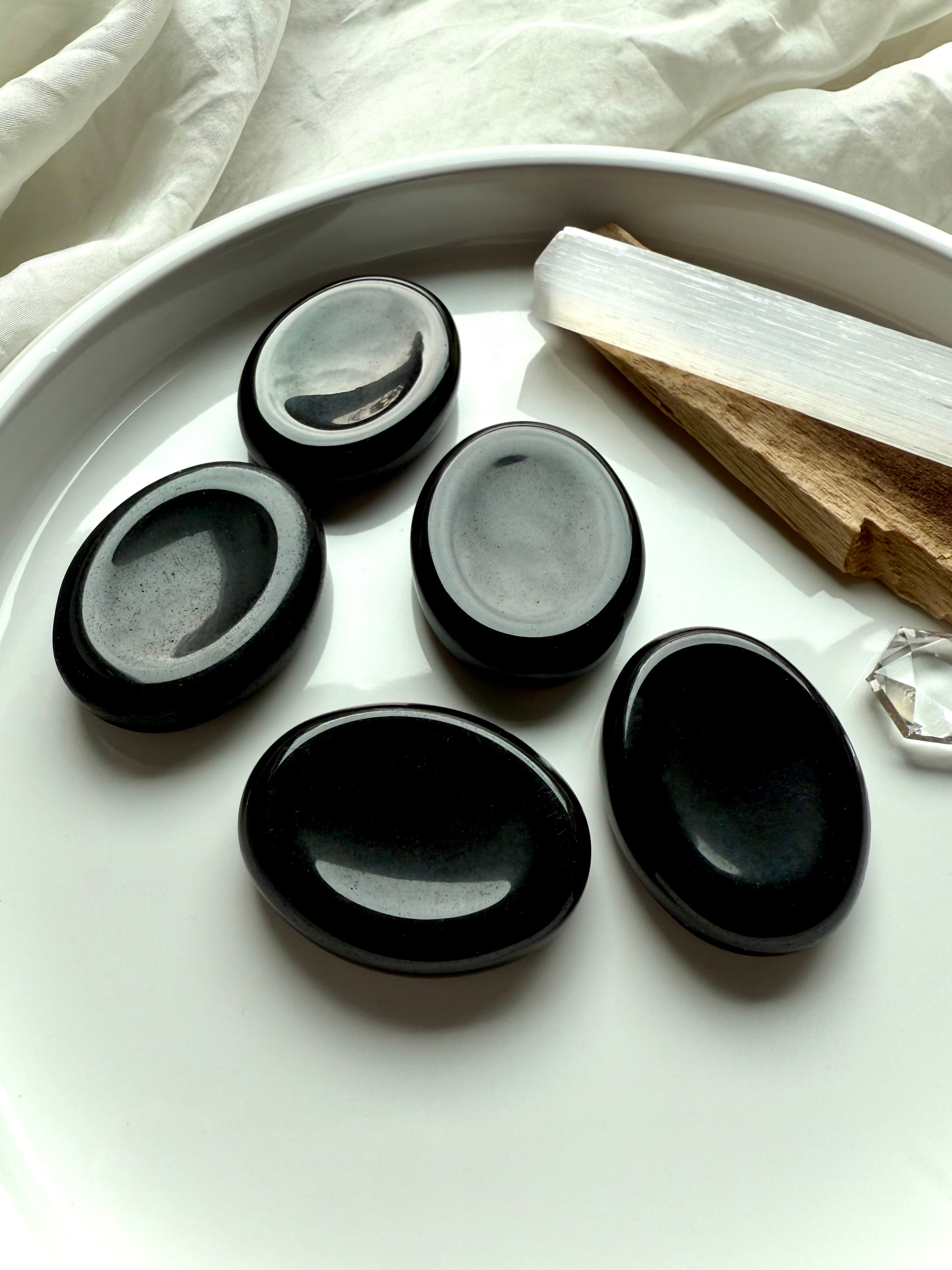 Black Obsidian thumb stones – smooth polished crystals for protection, stress relief + crystal healing rituals