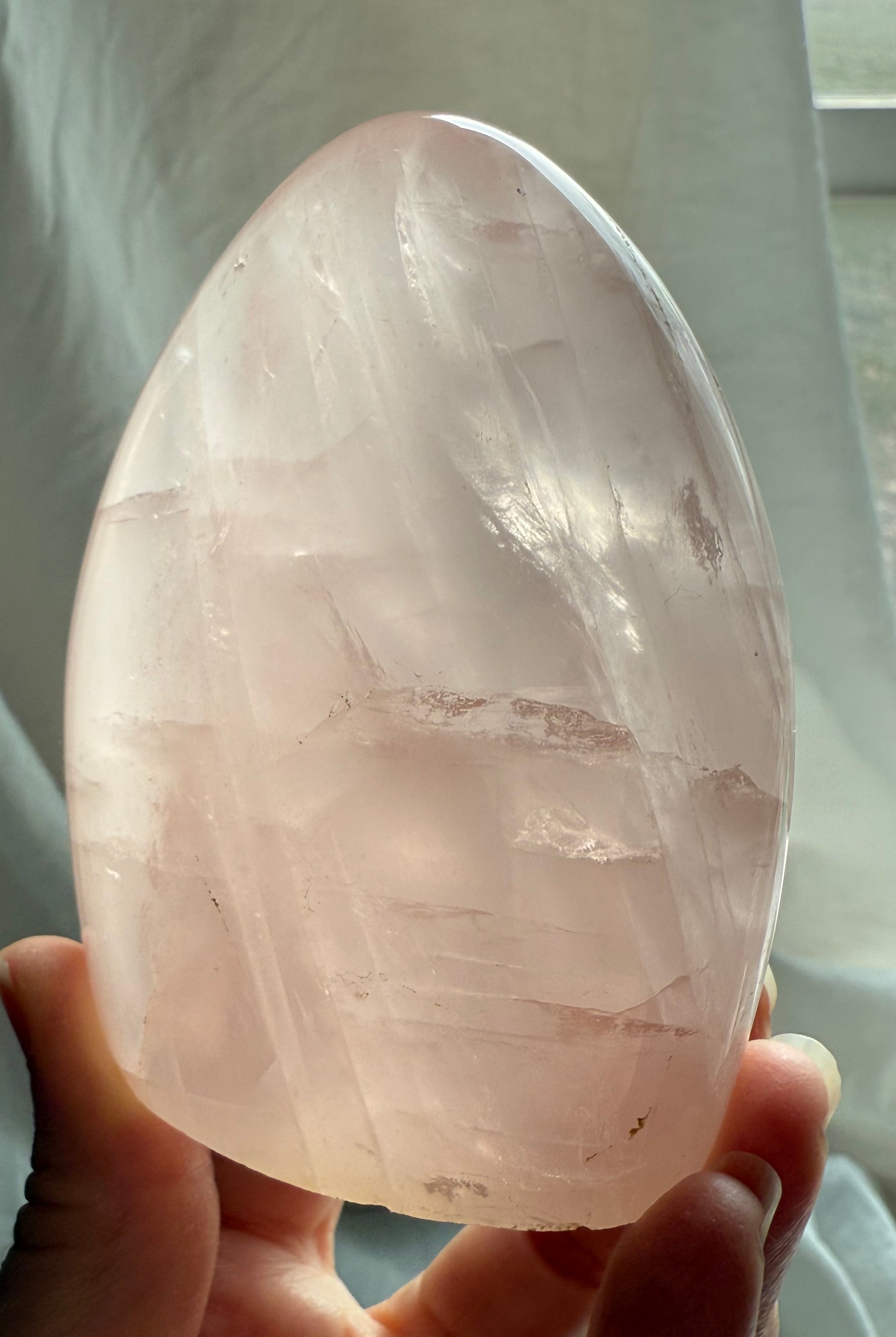 Large polished Rose Quartz freeform with soft natural asterism and calming feminine energy