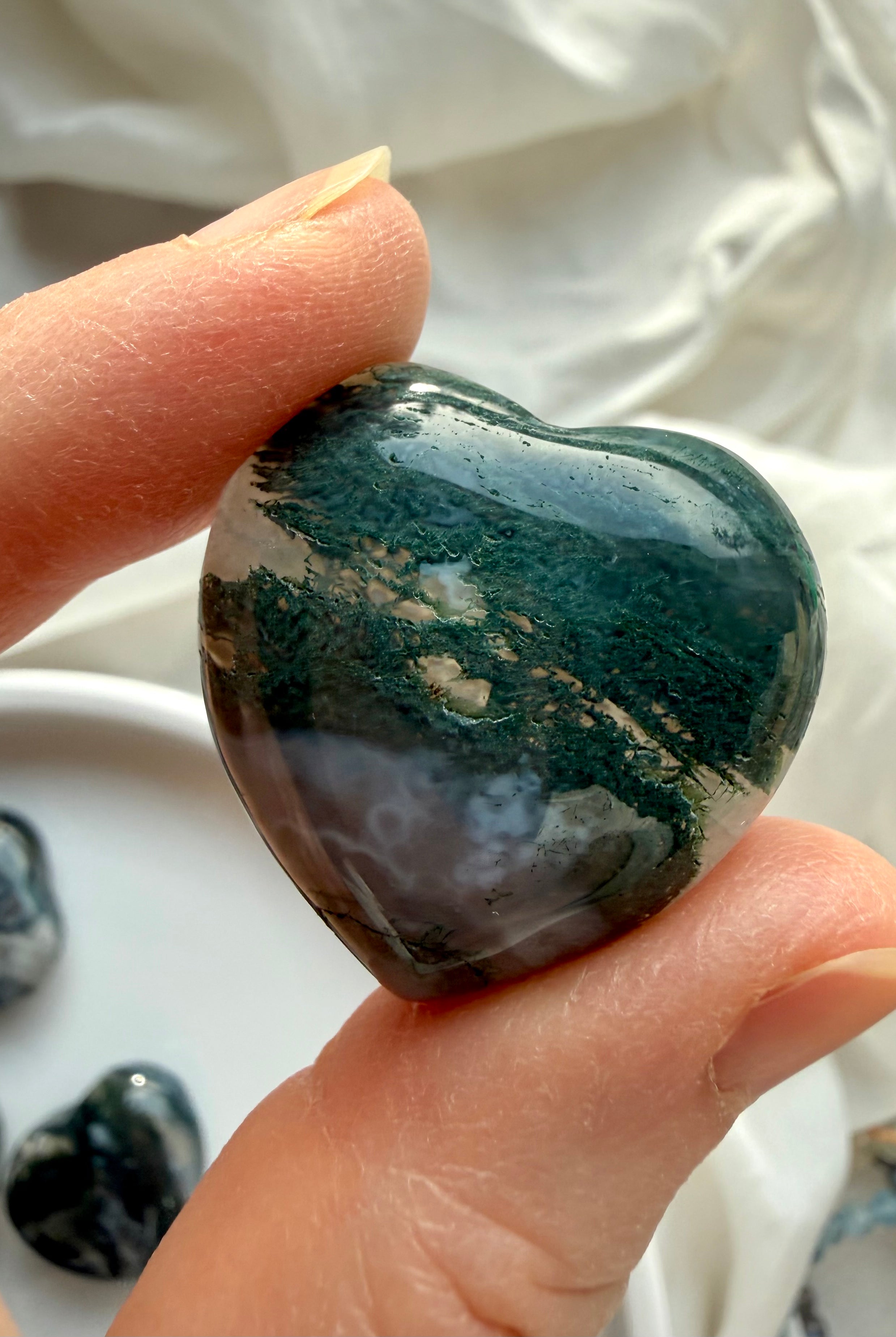 Moss Agate heart with milky chalcedony, mossy green veils, and natural crystal patterning