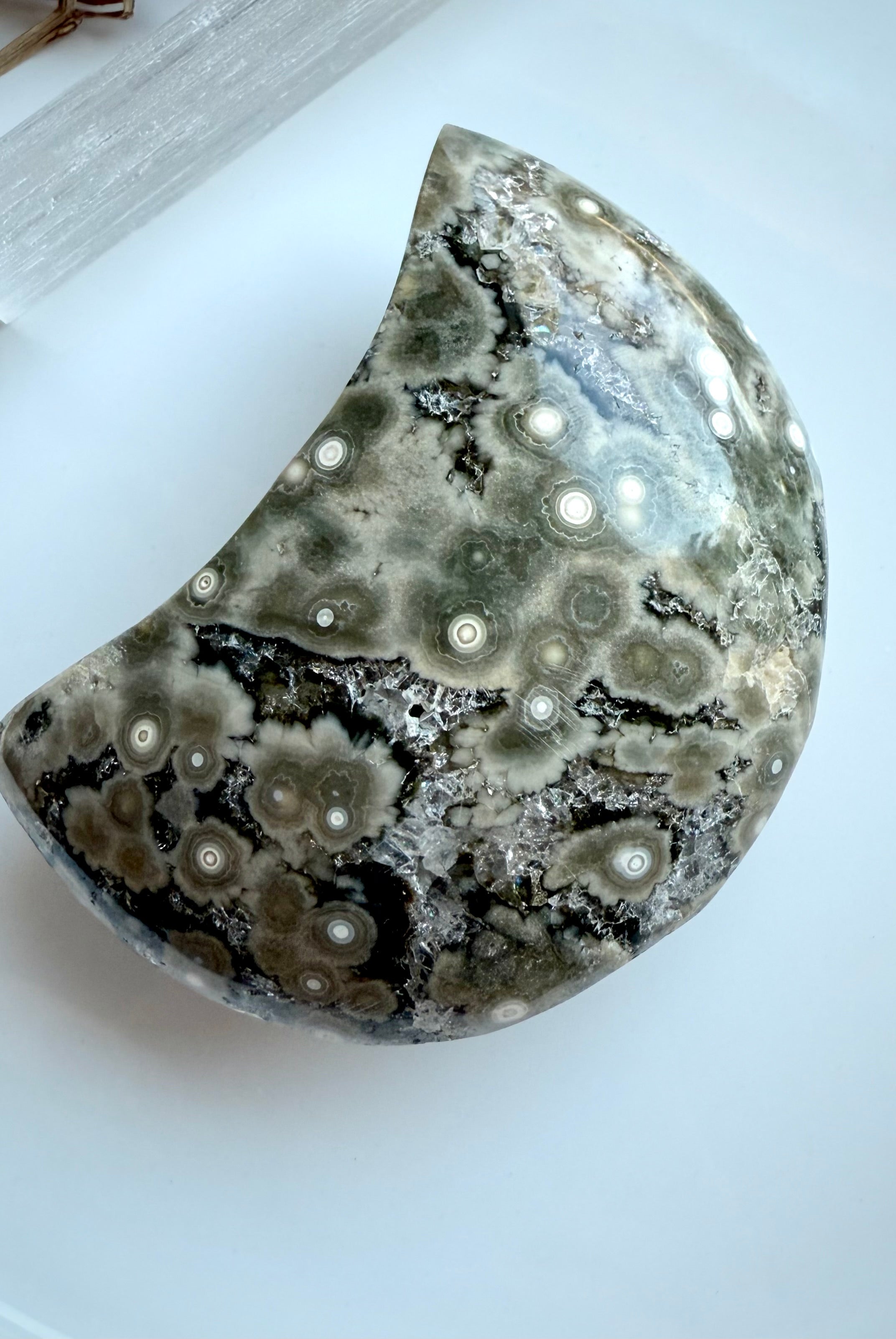 Madagascar Ocean Jasper crescent moon carving with bold orbicular starburst formations and a druzy opening