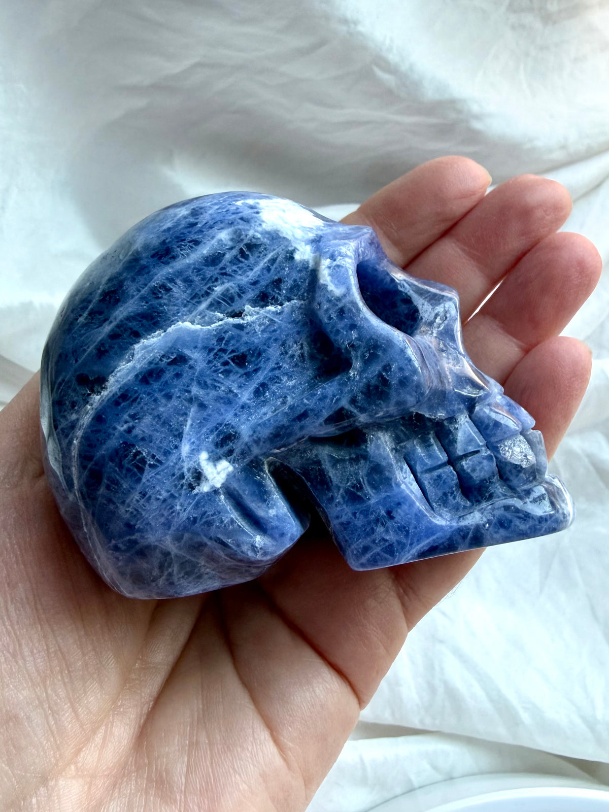 Hand carved Sodalite skull crystal showing deep blue stone and detailed white veining from side view