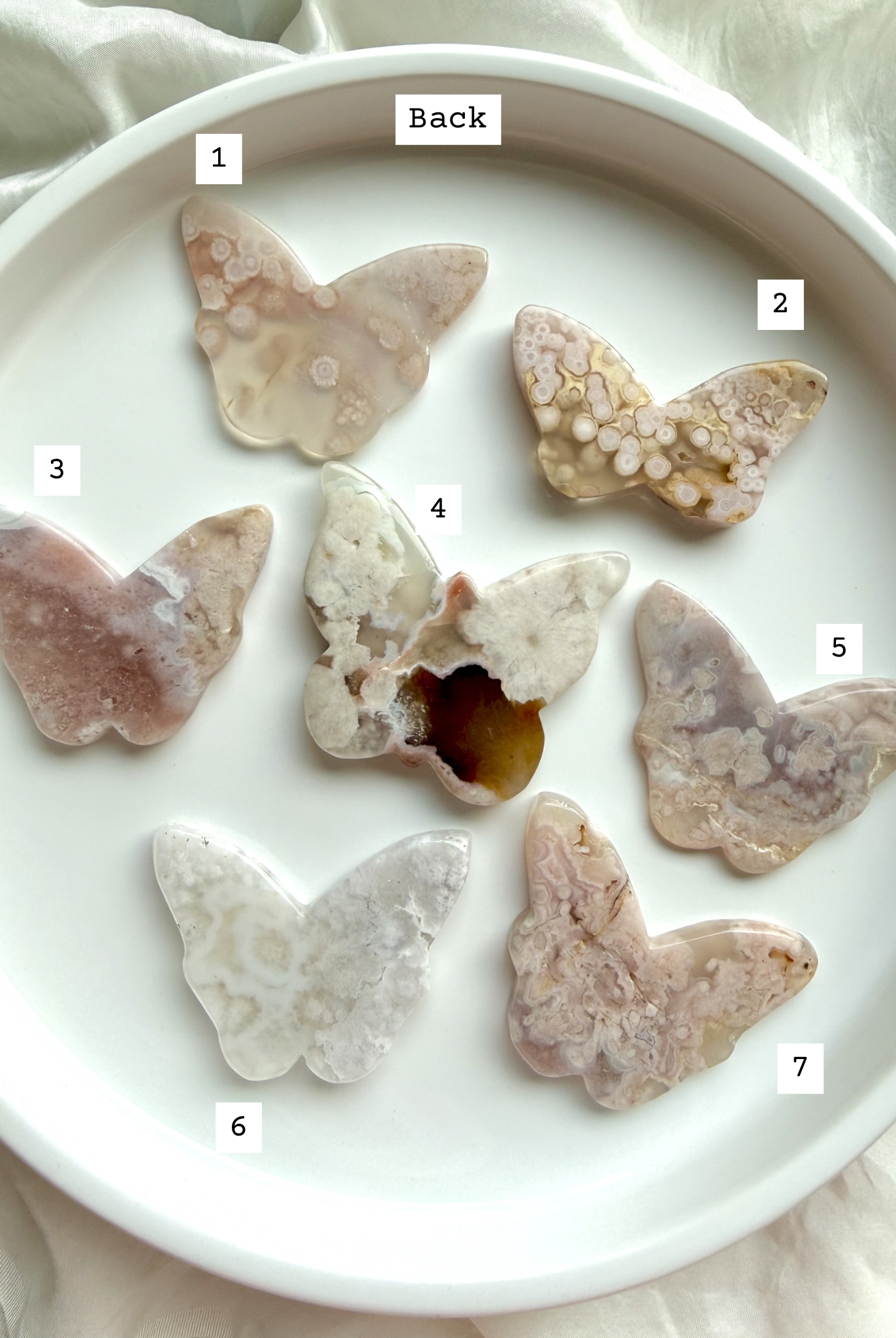 Choose your own Flower Agate butterfly crystal carving – numbered selection of pink blossom agate butterflies, back view