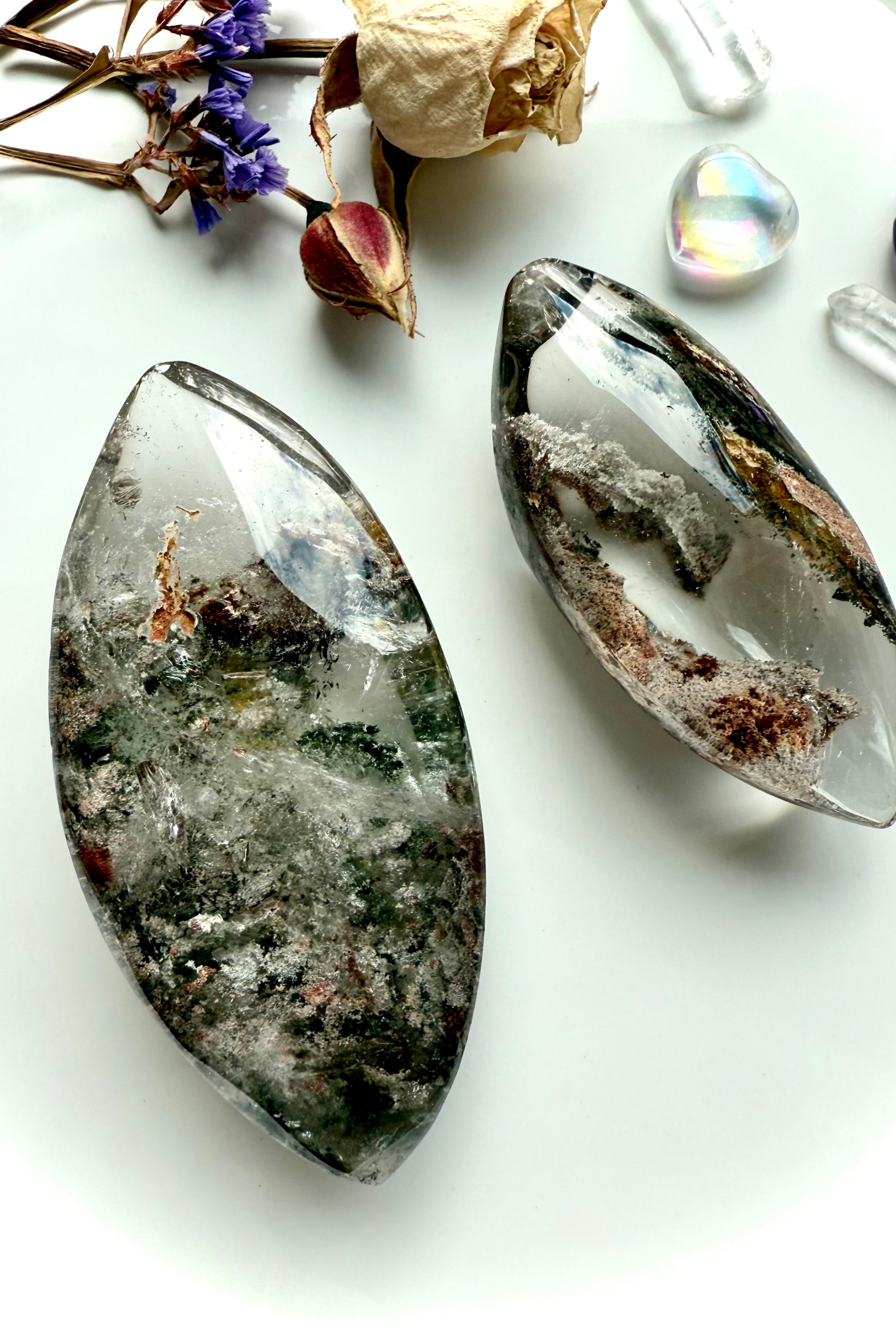 Two Garden Quartz marquise-shaped lenses with scenic phantom inclusions and natural earth-tone patterns