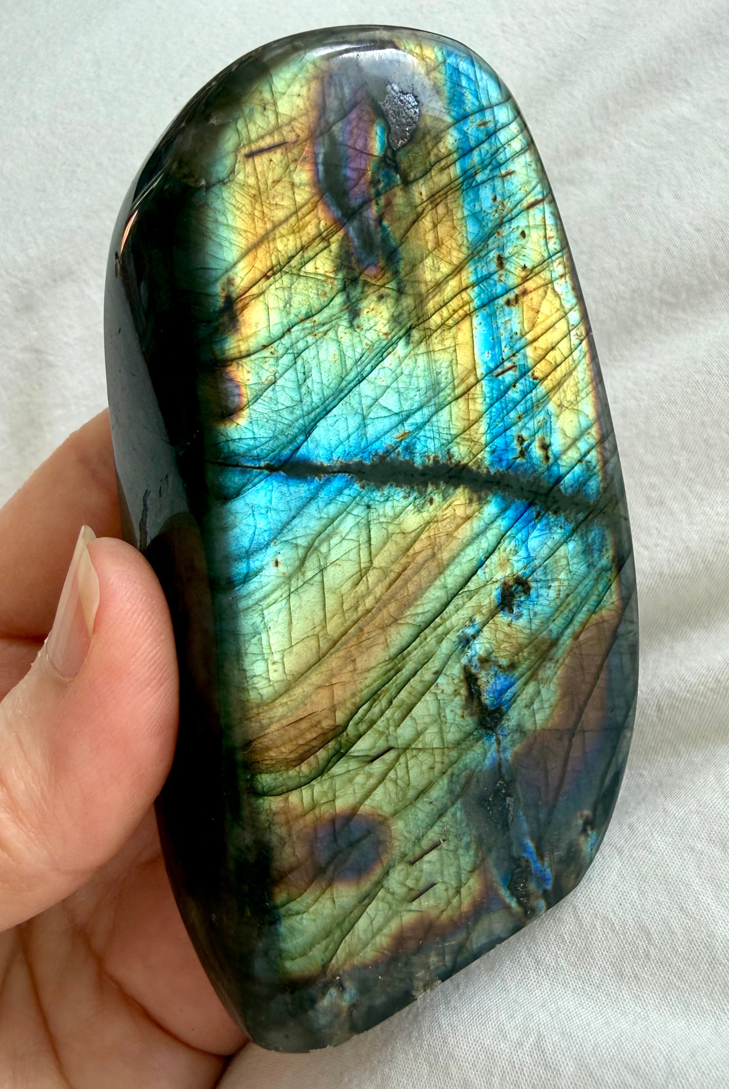 Rainbow Flash Labradorite freeform showing shifting blue, green, aqua, and golden labradorescence in natural light