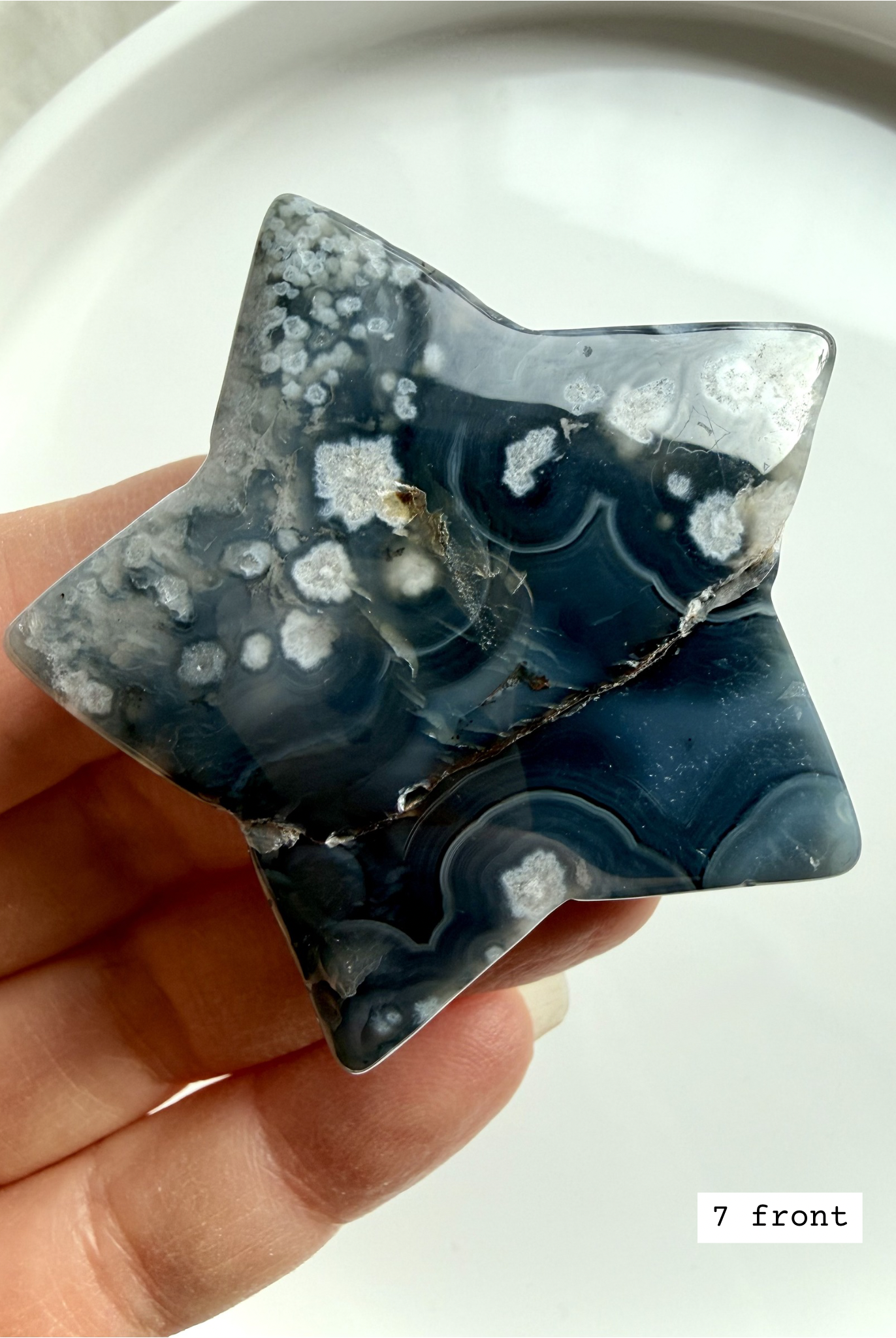 black flower agate star carving #7 front showing soft cloudy blooms and grounding dark matrix