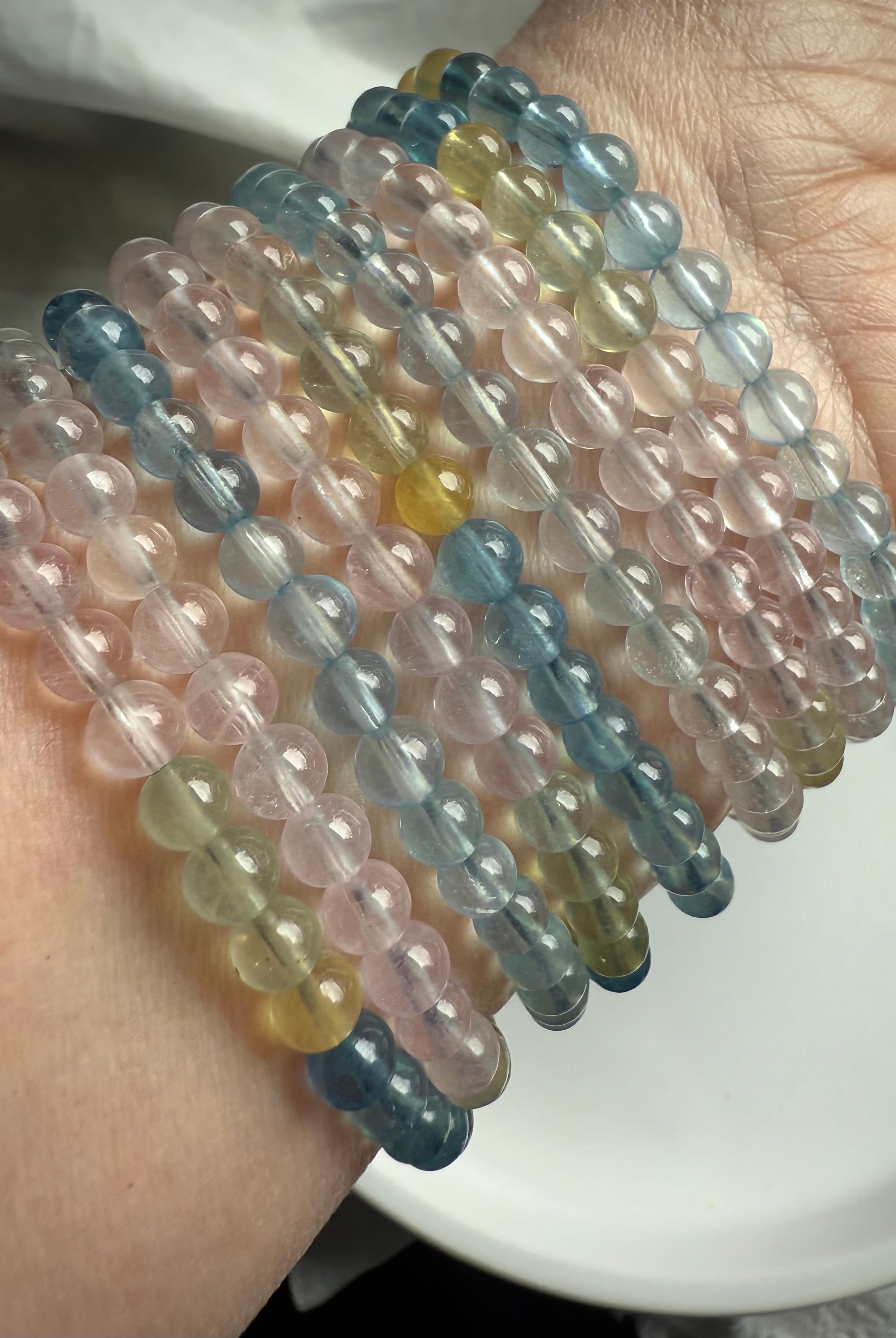 Pastel ombre Morganite + mixed beryl beaded bracelet, Morganite a June birthstone.