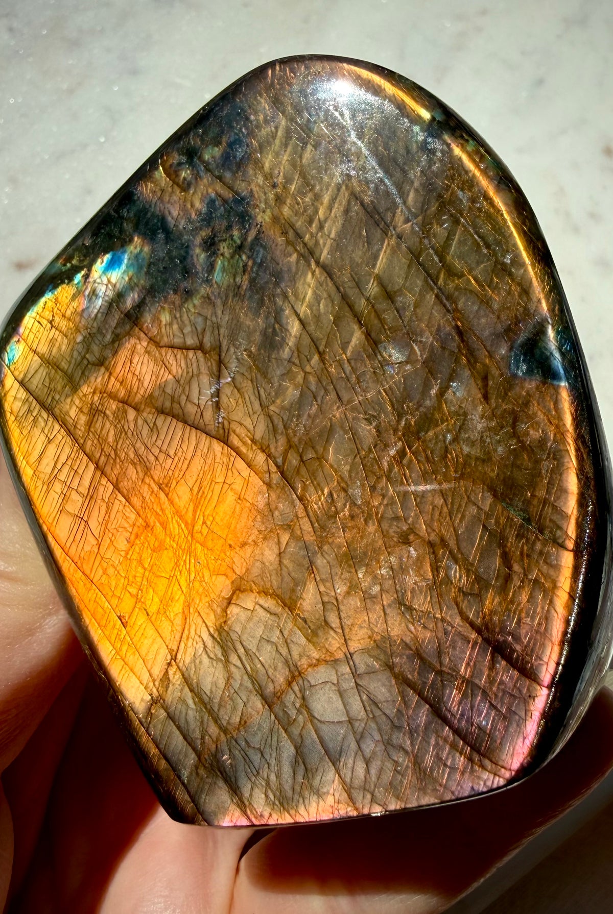 Madagascar Labradorite freeform showing coppery orange flash and dramatic natural mineral patterning