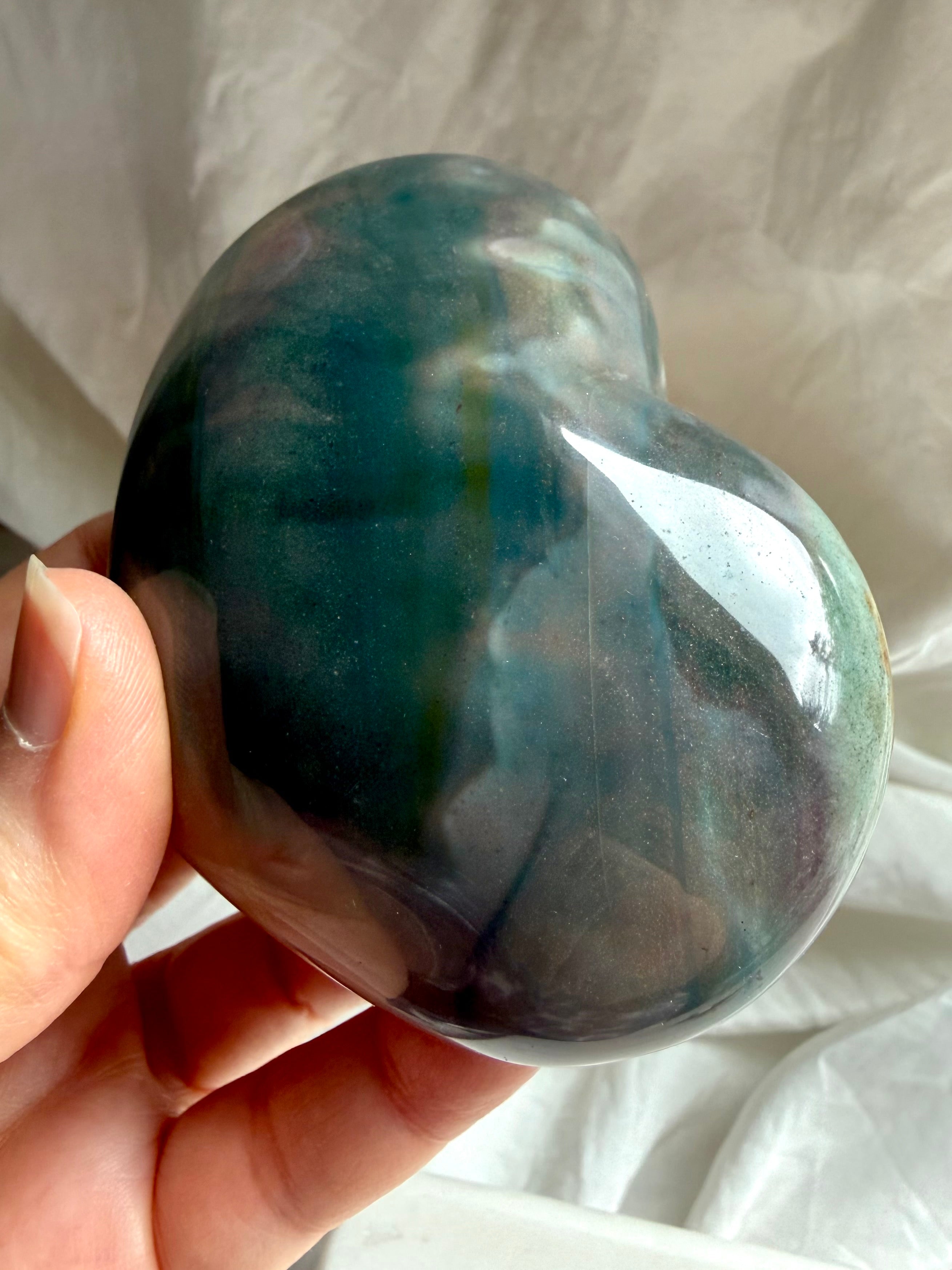 One of a kind Sea Jasper heart crystal with calming oceanic patterns and luxe rounded shape