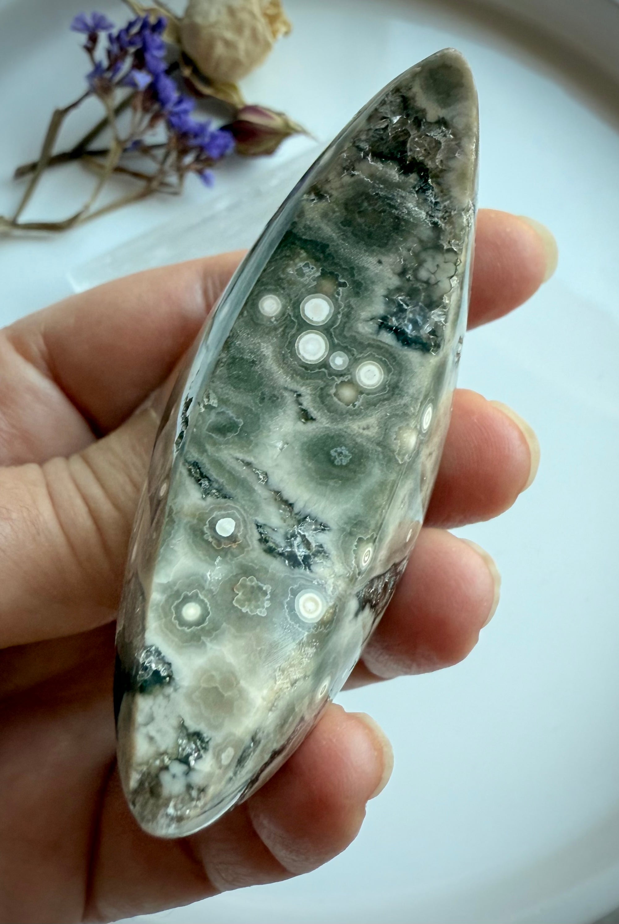 Orbicular Ocean Jasper crescent moon with gray, olive, and cream bullseye patterns, side view