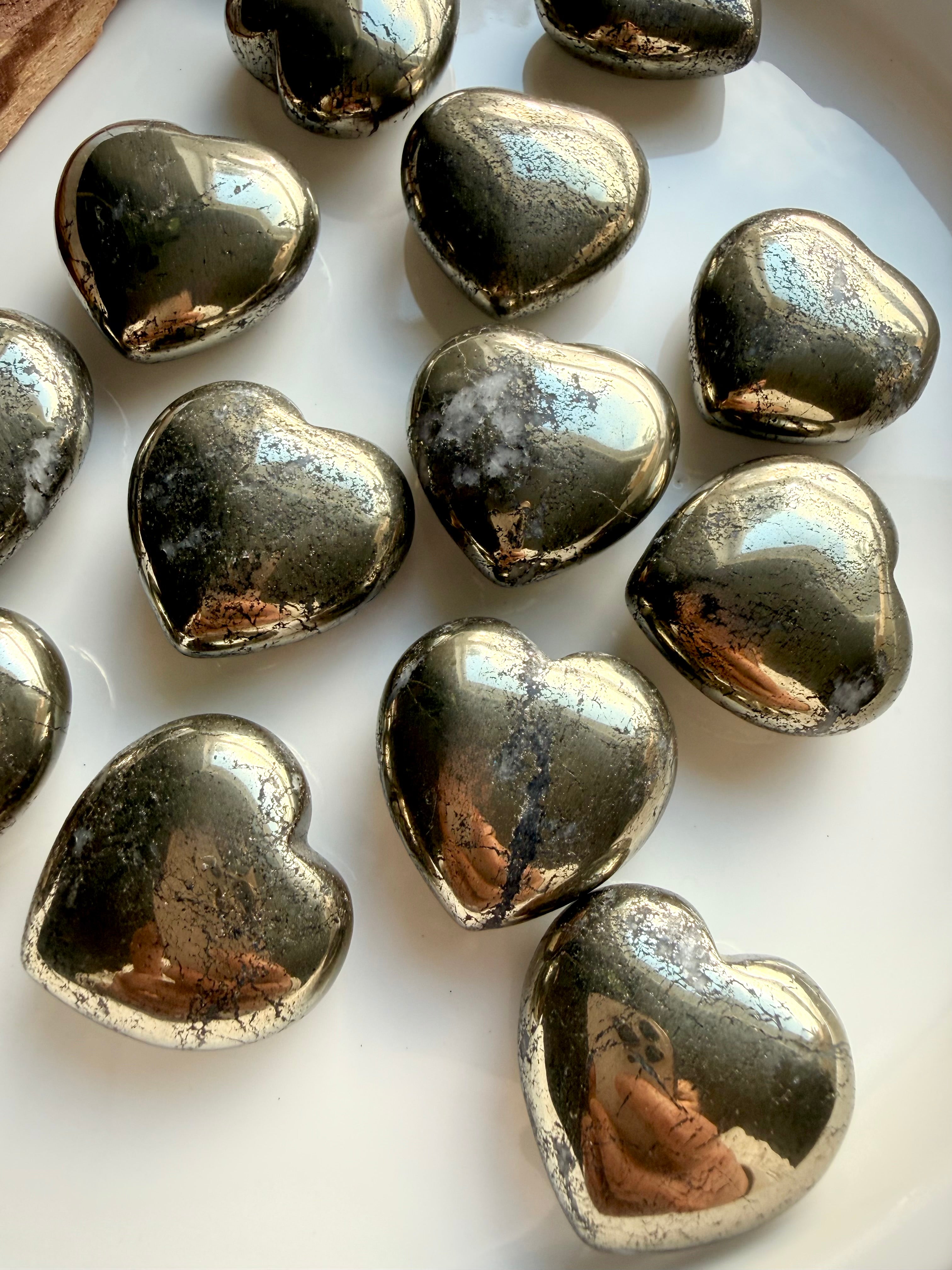 Hand-polished Pyrite heart stones, grounding crystal for manifestation, wealth energy, and personal power