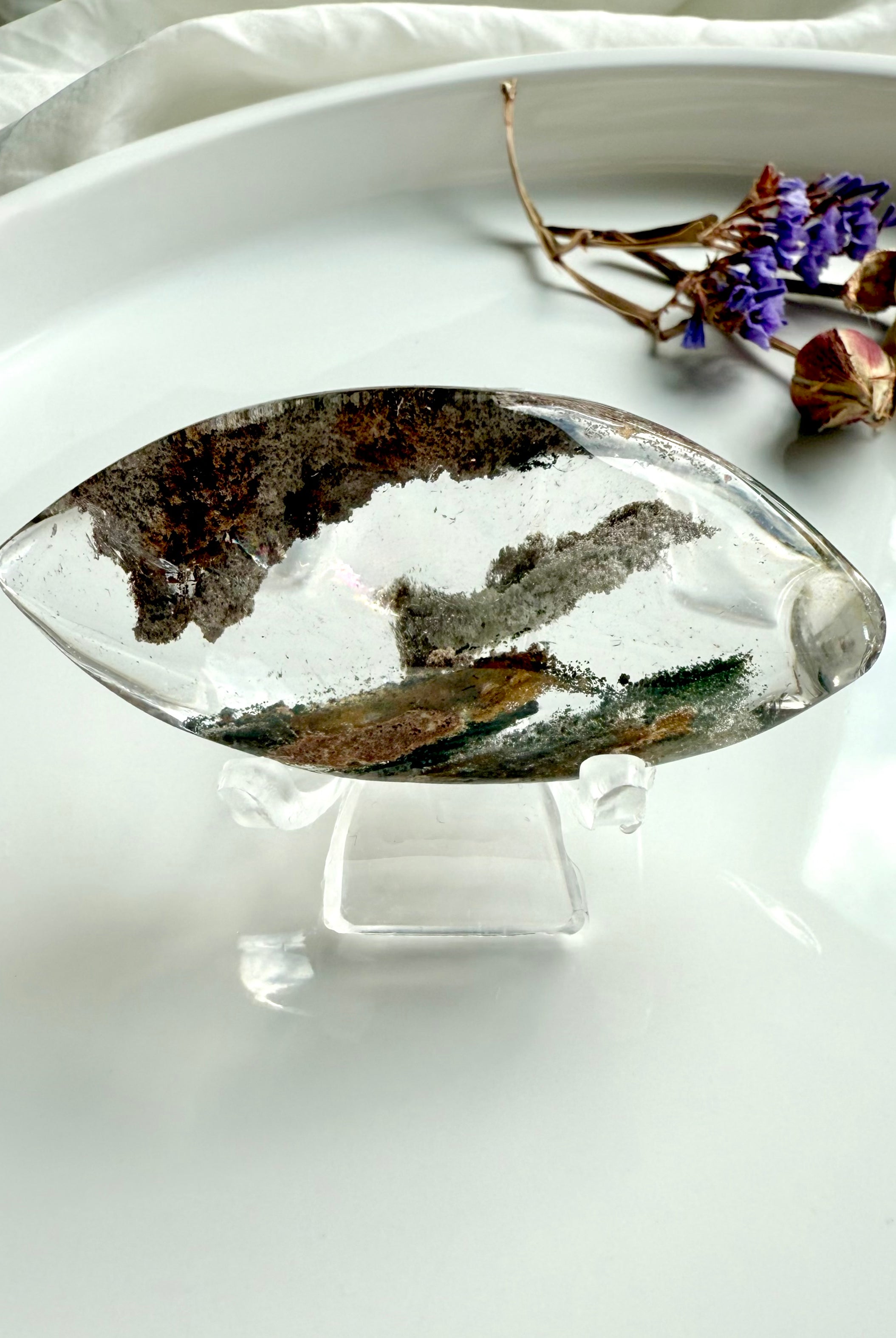 Scenic Garden Quartz crystal lens highlighting translucent quartz and mineral landscapes, comes with a stand