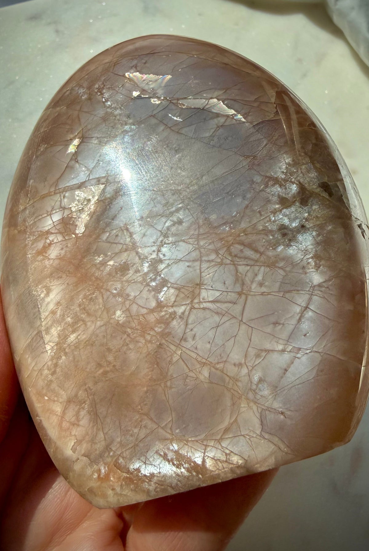 Rainbow Peach Moonstone crystal with silvery flash, sparkling Sunstone inclusions and natural iridescent color