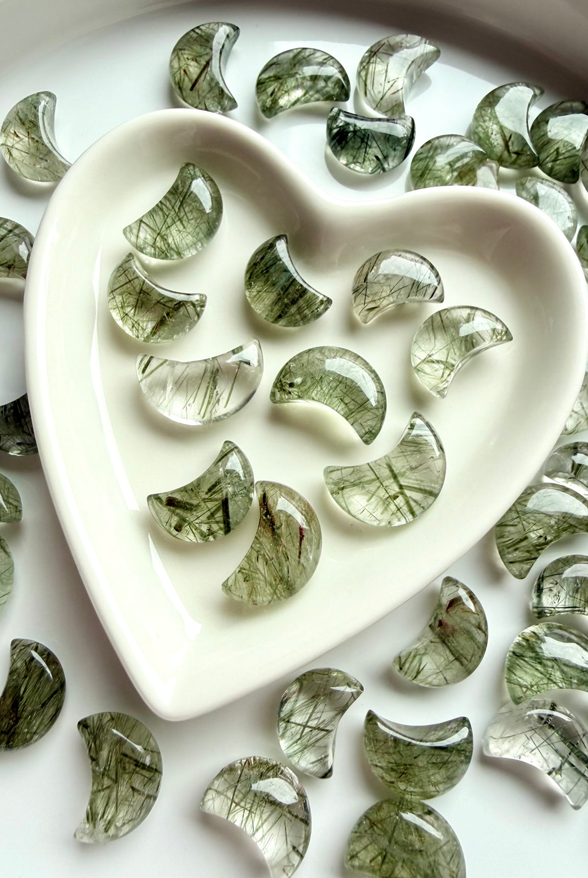 Green Tourmaline in Quartz moons with natural needle-like inclusions, Heart Chakra crystals for growth, abundance and new beginnings