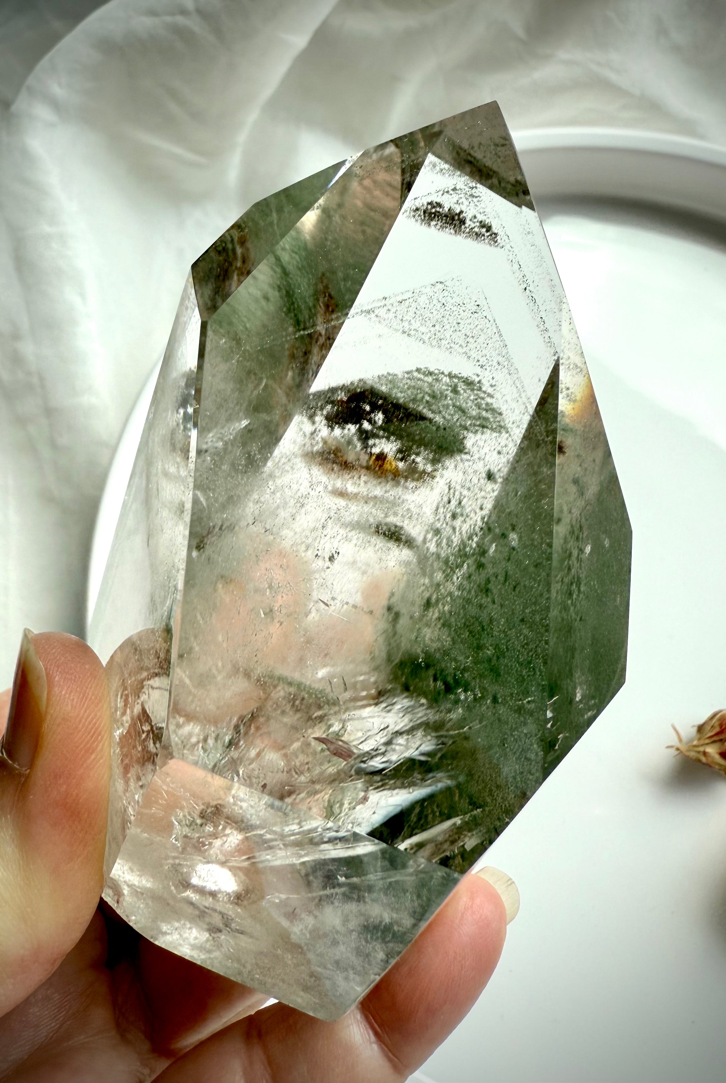 One-of-a-kind Chlorite Phantom Garden Quartz tower with exceptional clarity and lush green lodolite inclusions