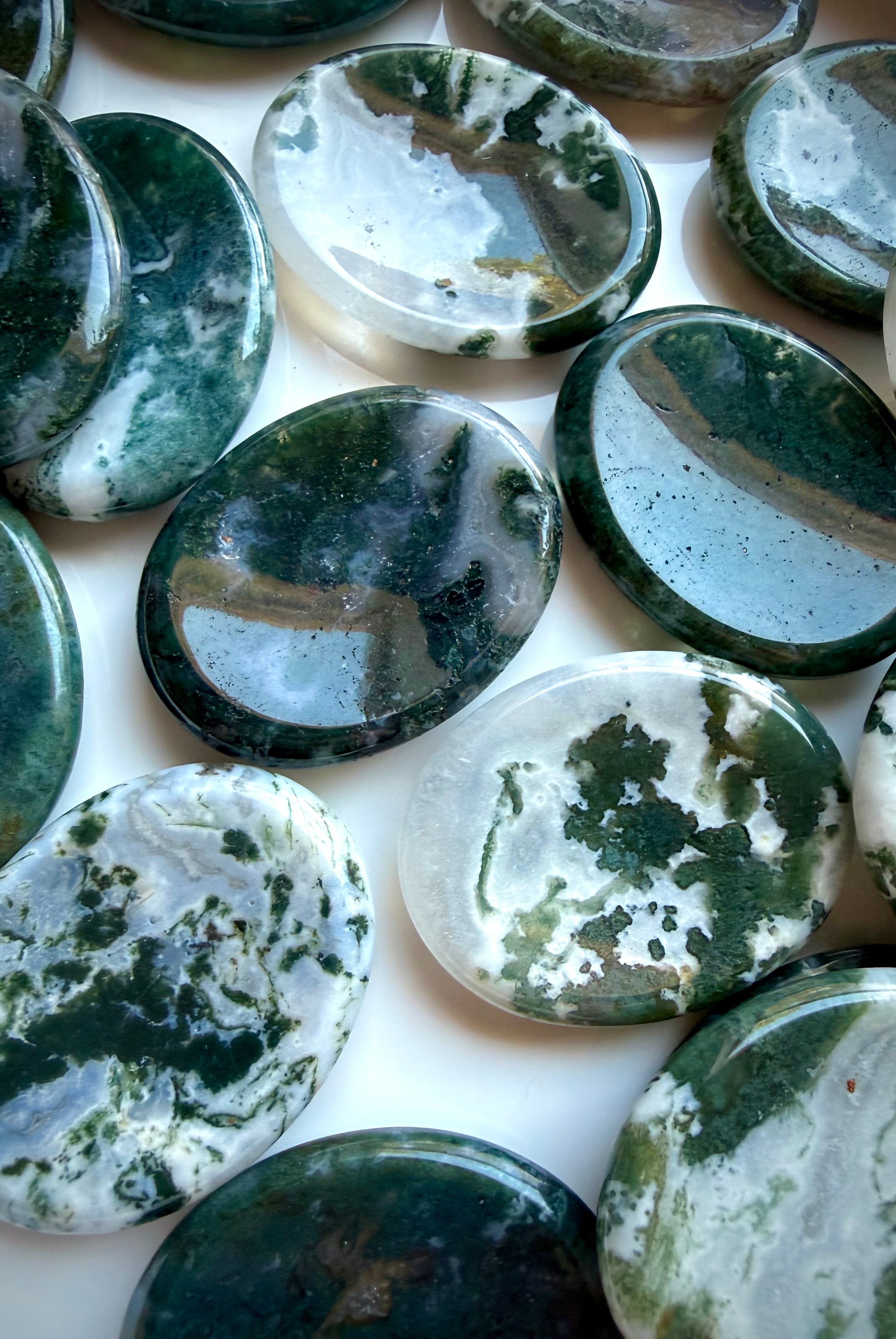 Moss Agate oval worry stones with translucent quartz and forest green inclusions for growth and new beginnings