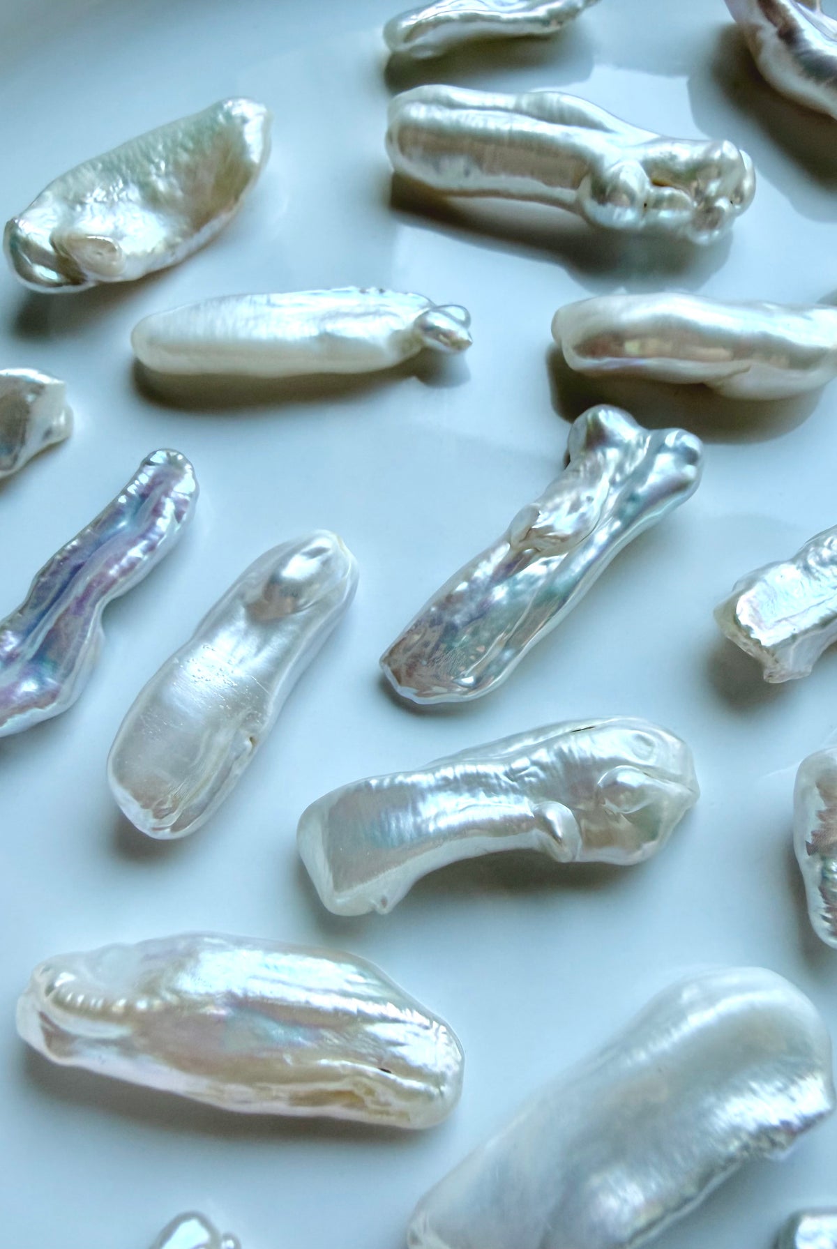 Loose Baroque Stick Pearls with high-luster white and ivory nacre, iridescence and natural shape variation