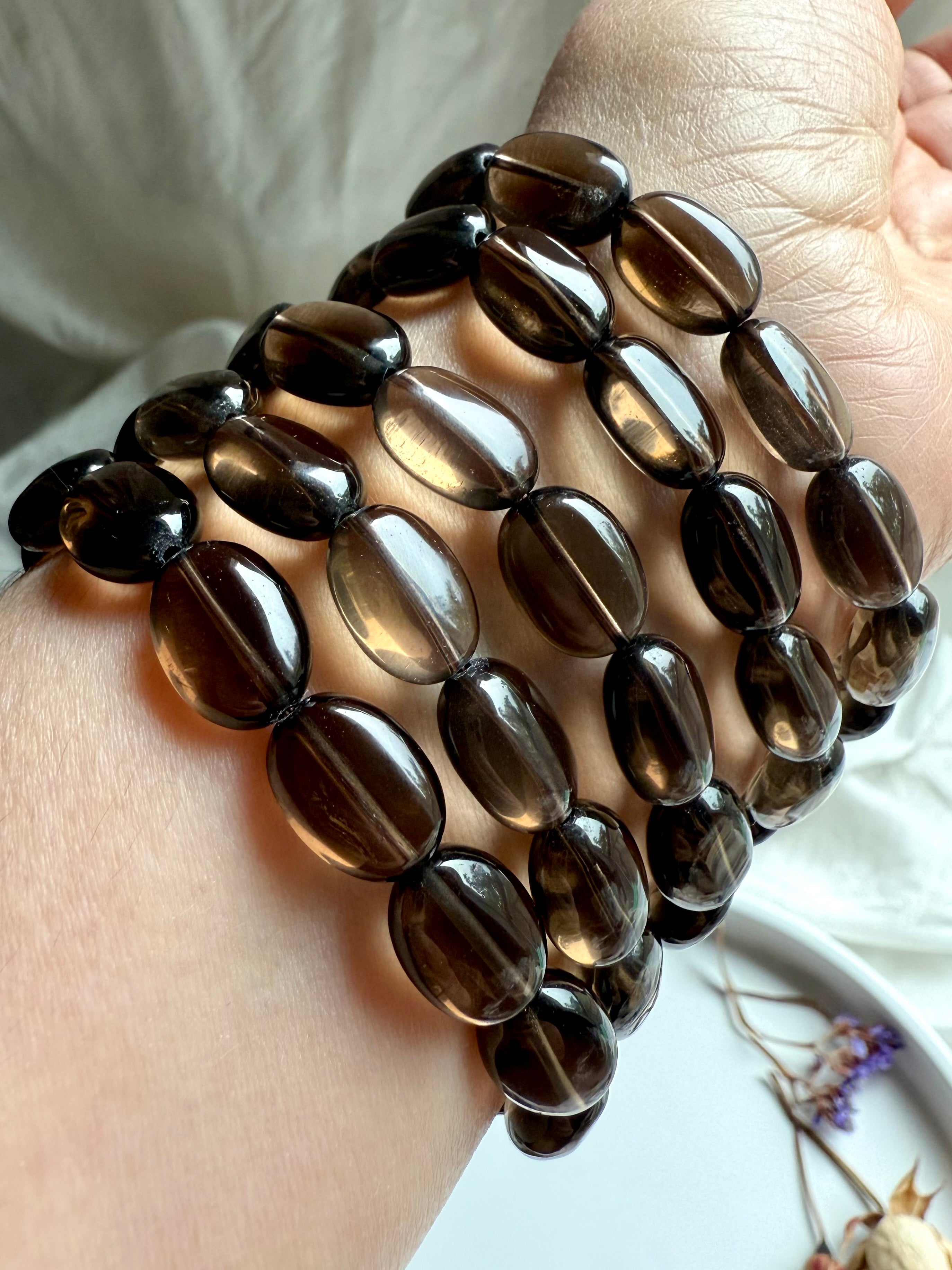 Smoky Quartz Bracelet with high-clarity oval beads – grounding crystal jewelry for protection, clarity, and energy clearing