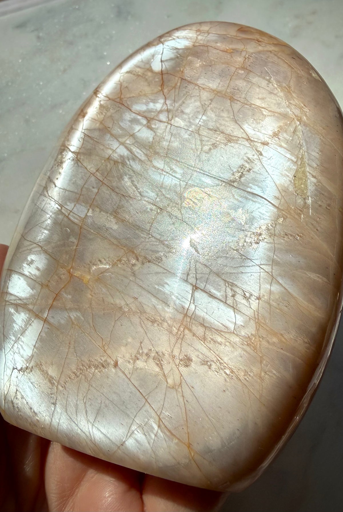 Peach Moonstone freeform showing angle-dependent silver flash and warm peach tones, a Sacral Chakra crystal