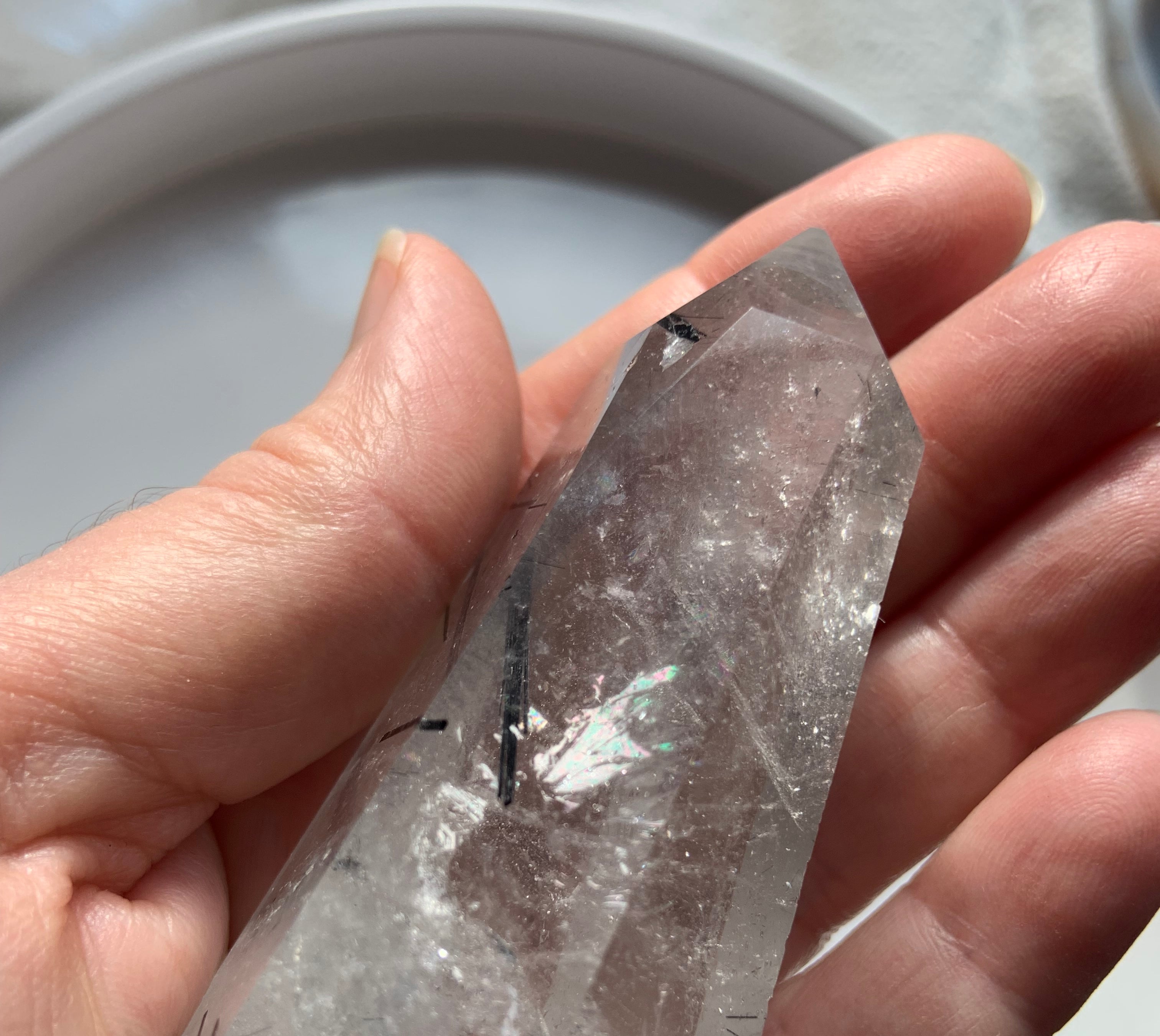 Black Tourmaline in Quartz Double Terminated Point with rainbows and Phantom Inclusion, High Quality Crystal Collector Gift