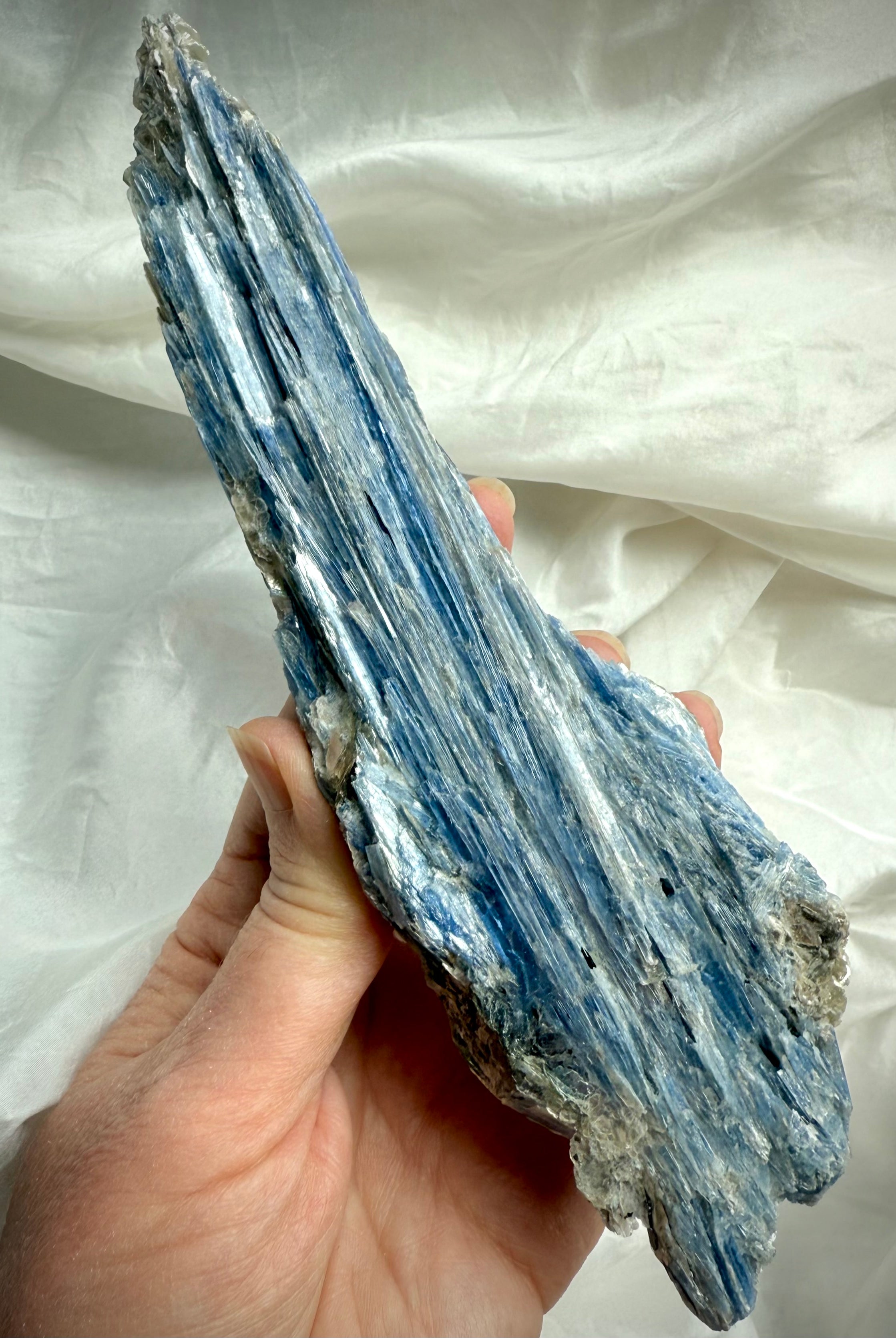 Tall raw blue kyanite and muscovite crystal specimen, natural metaphysical home decor and altar stone