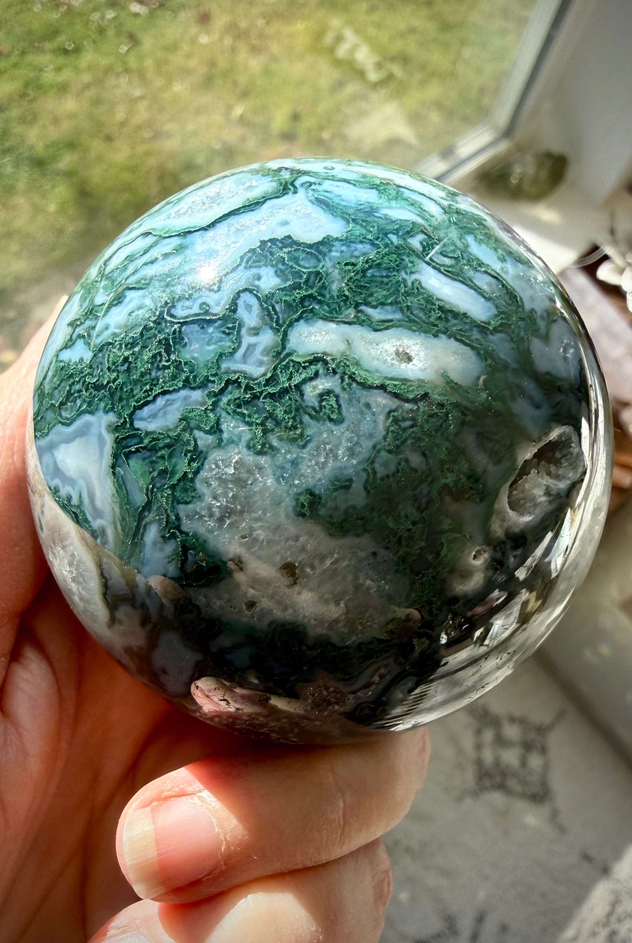 Large Moss Agate crystal sphere with purple Amethyst areas for grounding, balance, and abundance