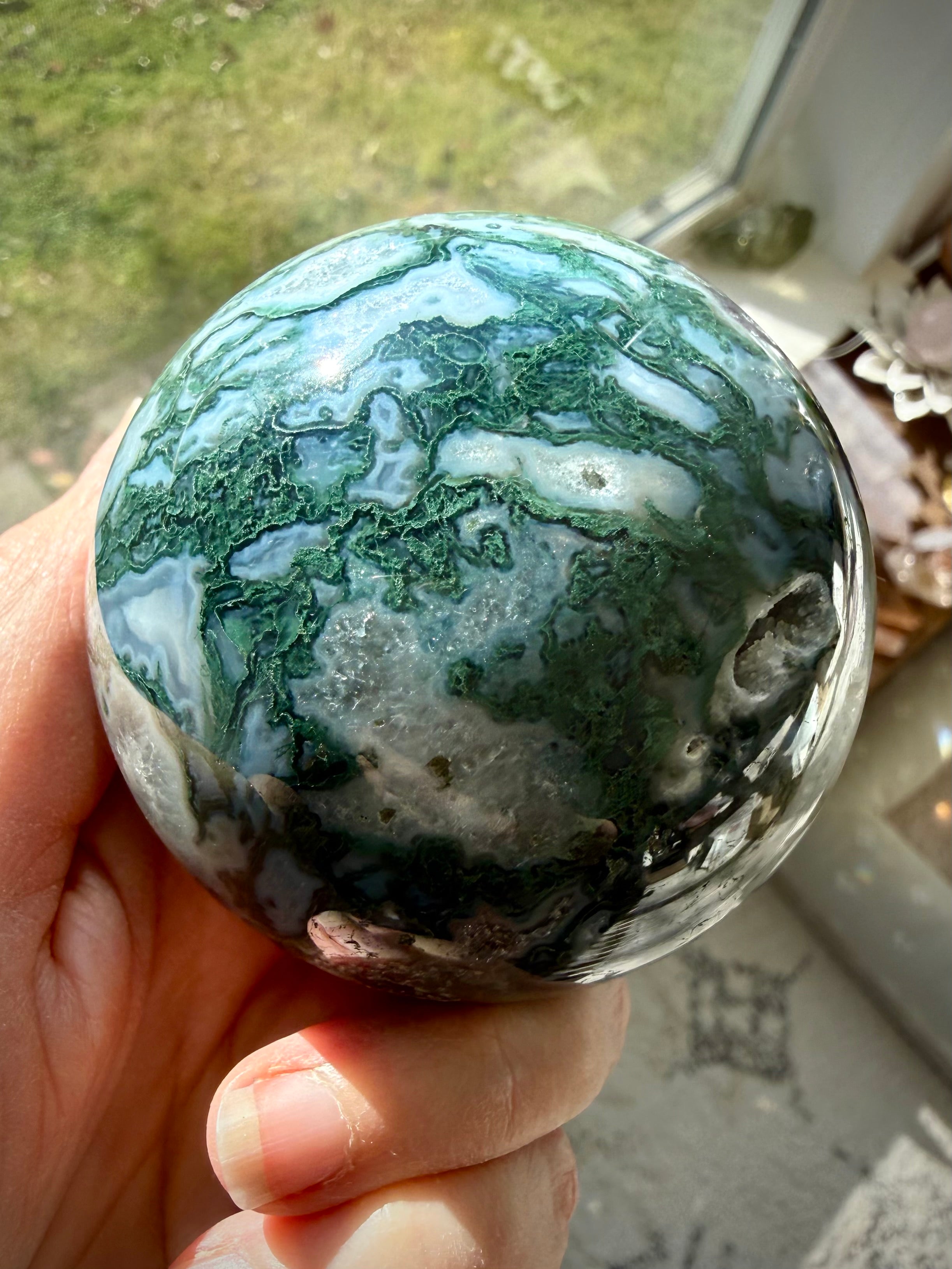 Large Moss Agate crystal sphere with purple Amethyst areas for grounding, balance, and abundance