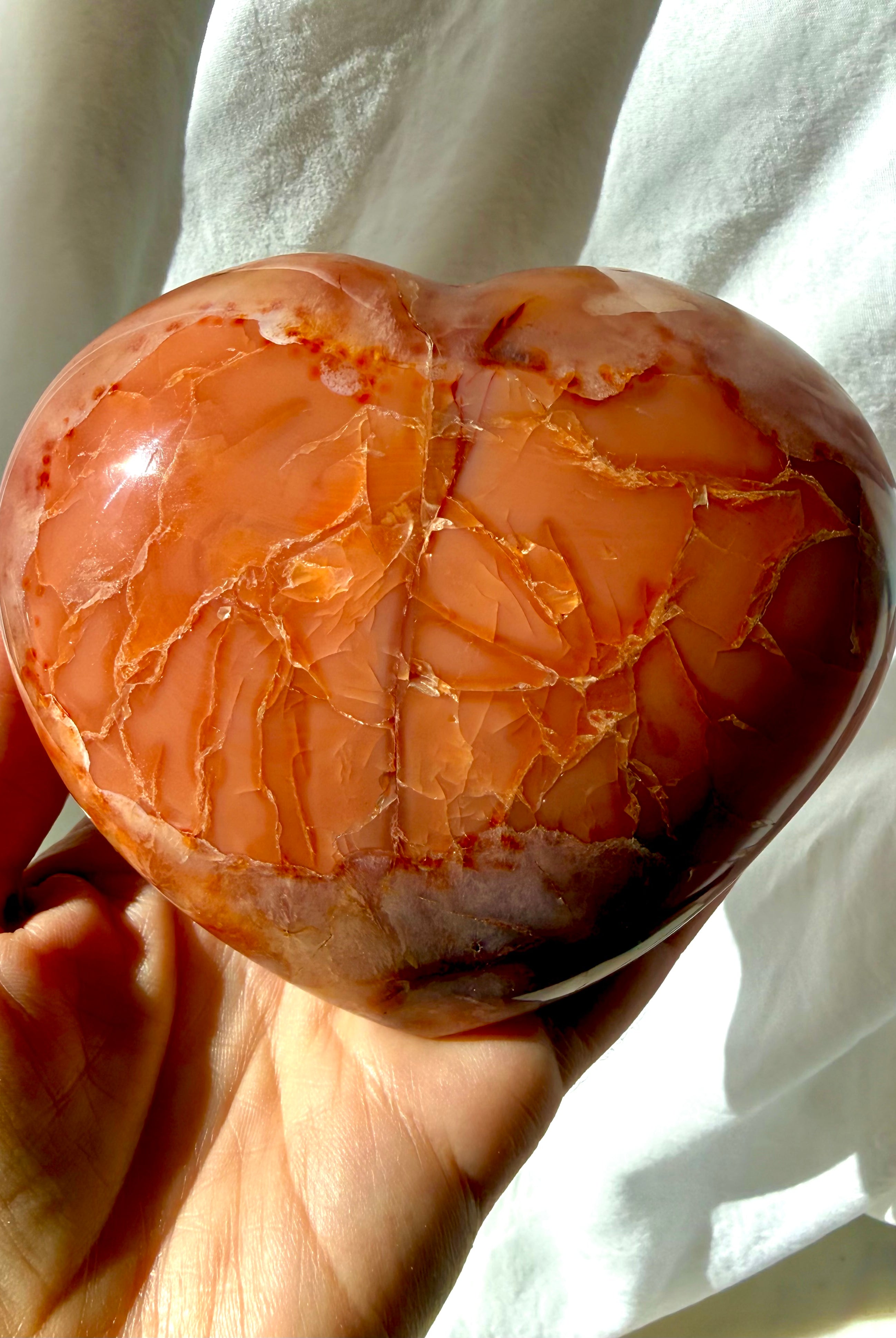 Large one of a kind Carnelian geode heart crystal shown in hand for size reference