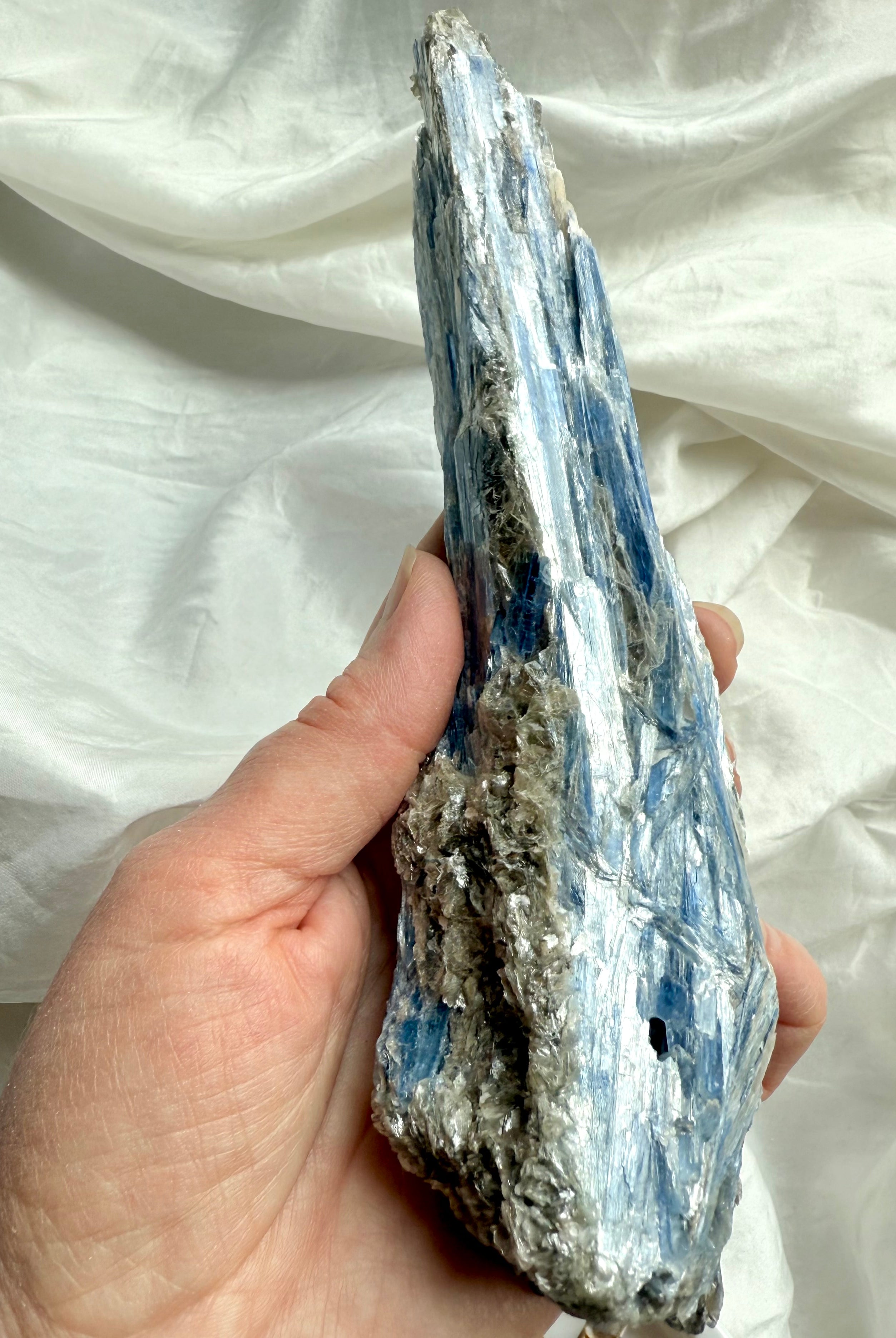 Vertical blue kyanite muscovite specimen, high vibration throat chakra crystal for spiritual practice