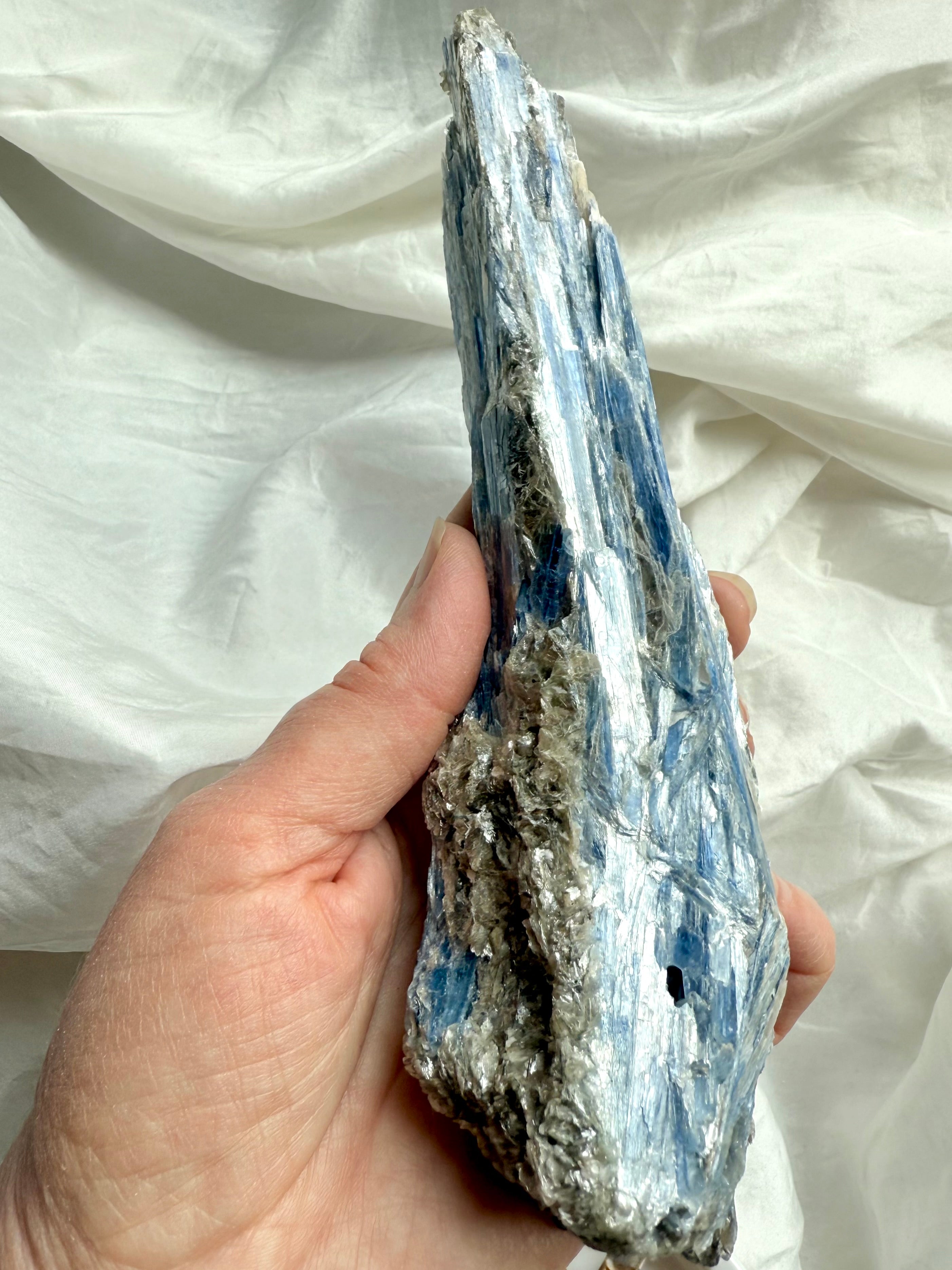 Vertical blue kyanite muscovite specimen, high vibration throat chakra crystal for spiritual practice