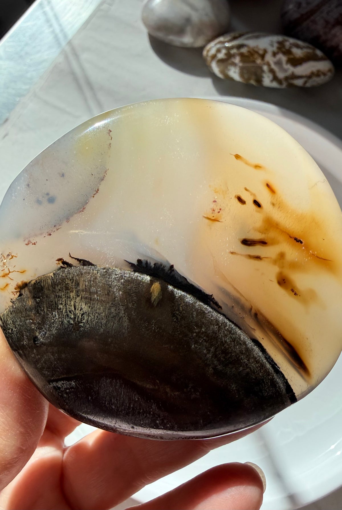 Natural Dendritic Agate freeform showing translucent golden Agate, dark mineral inclusions and earthy landscape patterns
