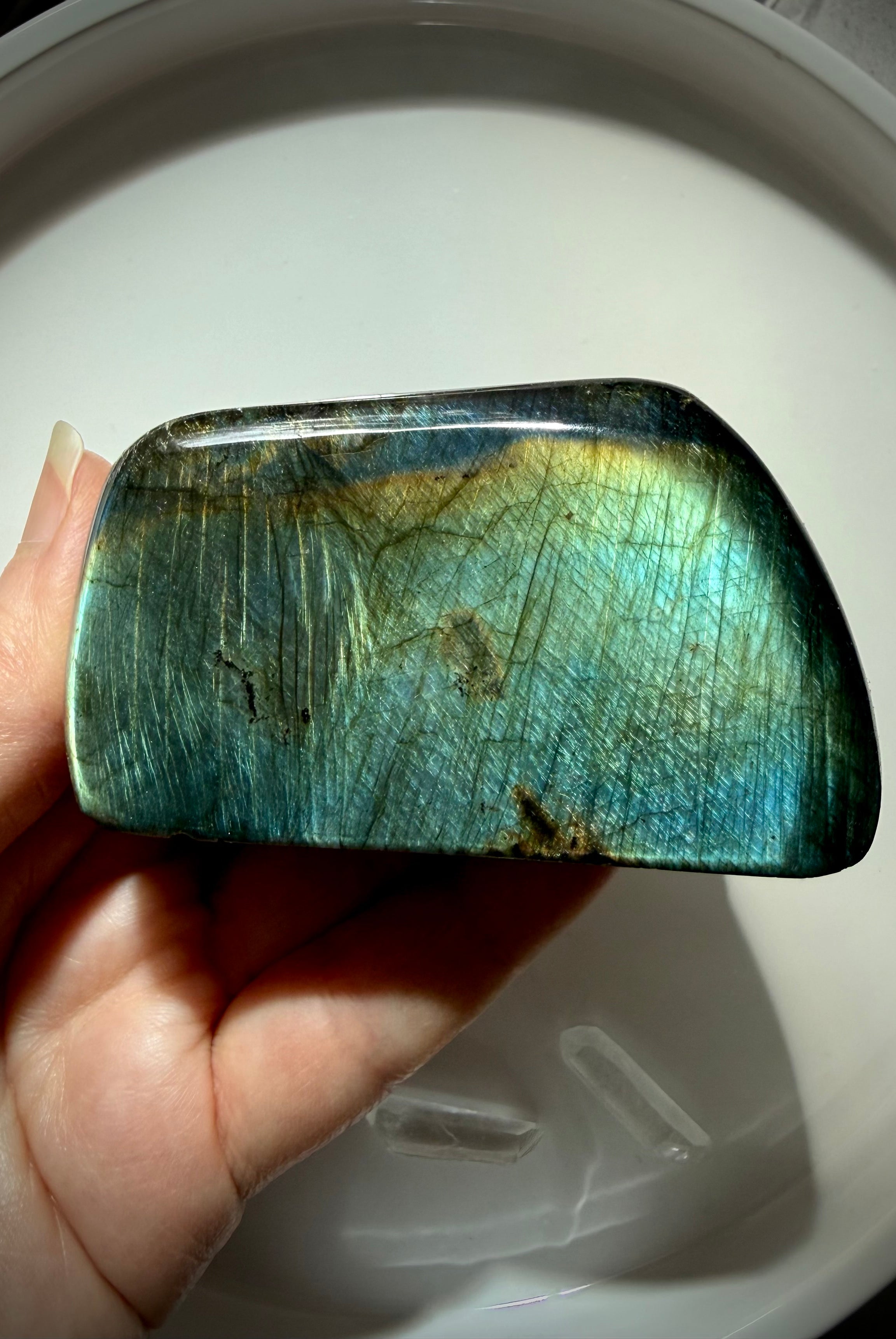 Blue green Labradorite crystal with vivid teal and gold labradorescence