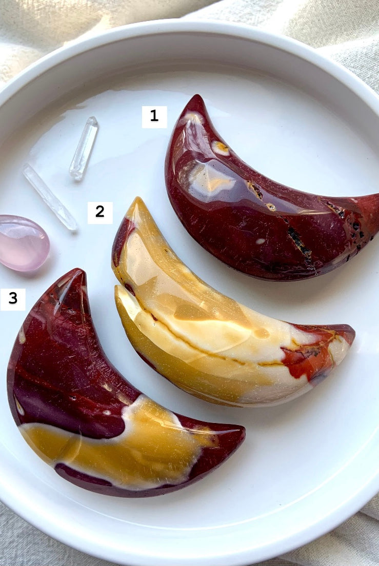 Mookaite Jasper moon carvings, options 1-3