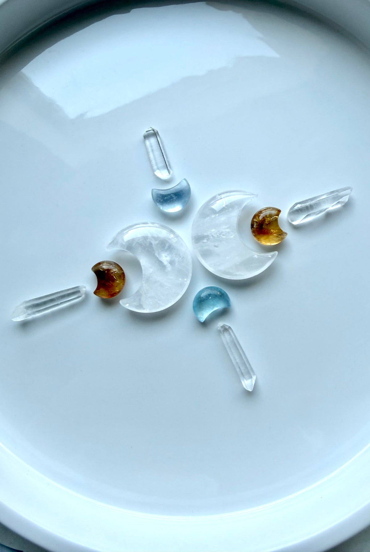 Crystal grid with Mini Citrine moons, Clear Quartz and Aquamarine moons, and Clear Quartz points