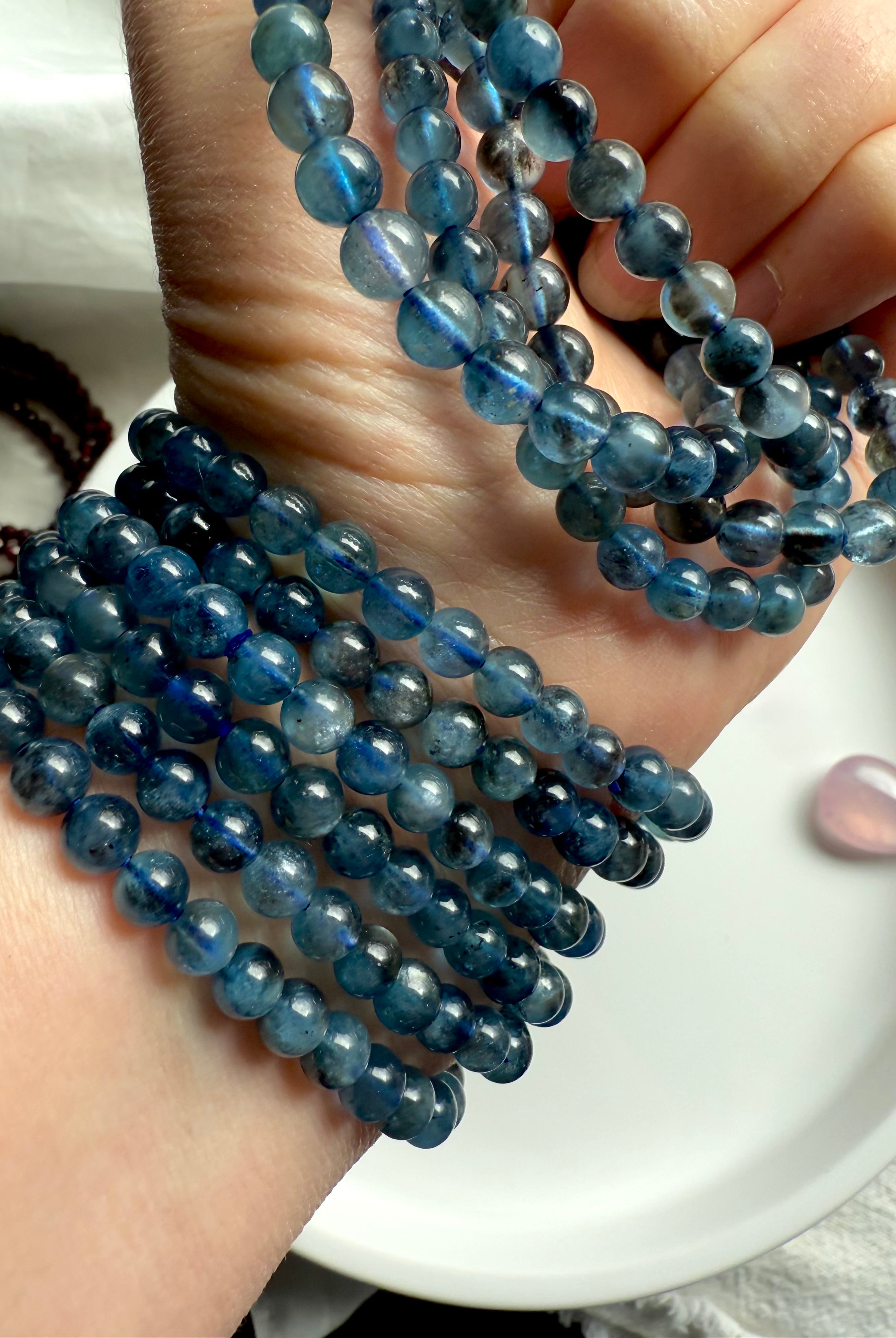 Rare deep blue Aquamarine Bracelets with Black Tourmaline inclusions. March birthstone is Aquamarine