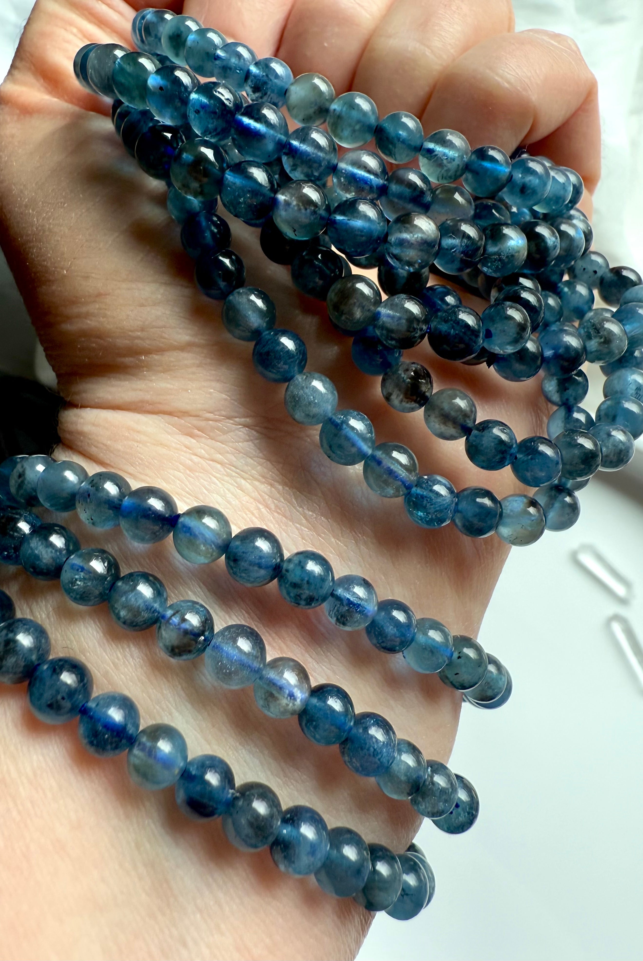Rare deep blue Aquamarine Bracelets with Black Tourmaline inclusions. March birthstone is Aquamarine