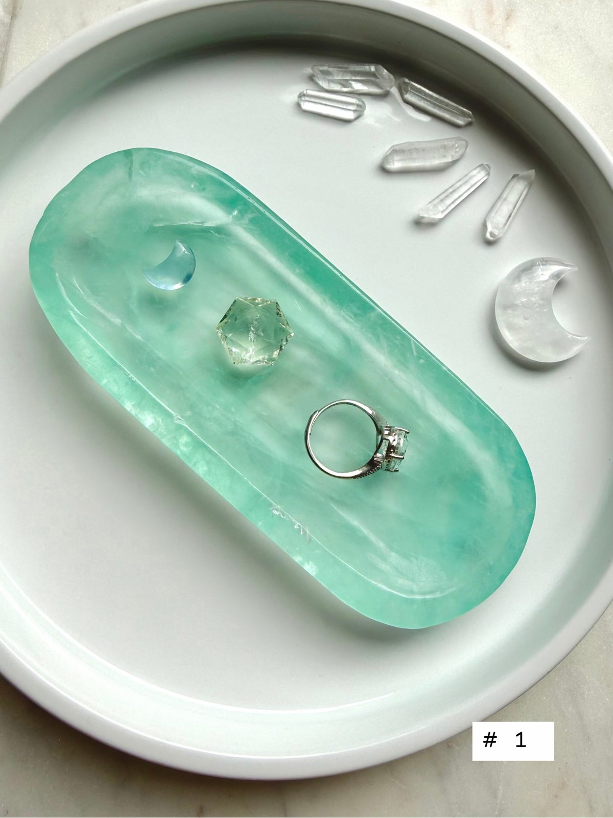 Green Fluorite crystal bowl used as a ring dish with Clear Quartz crystals and mini carvings