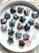 Cosmic Ocean Jasper stars on round plate with clear quartz points for altar décor