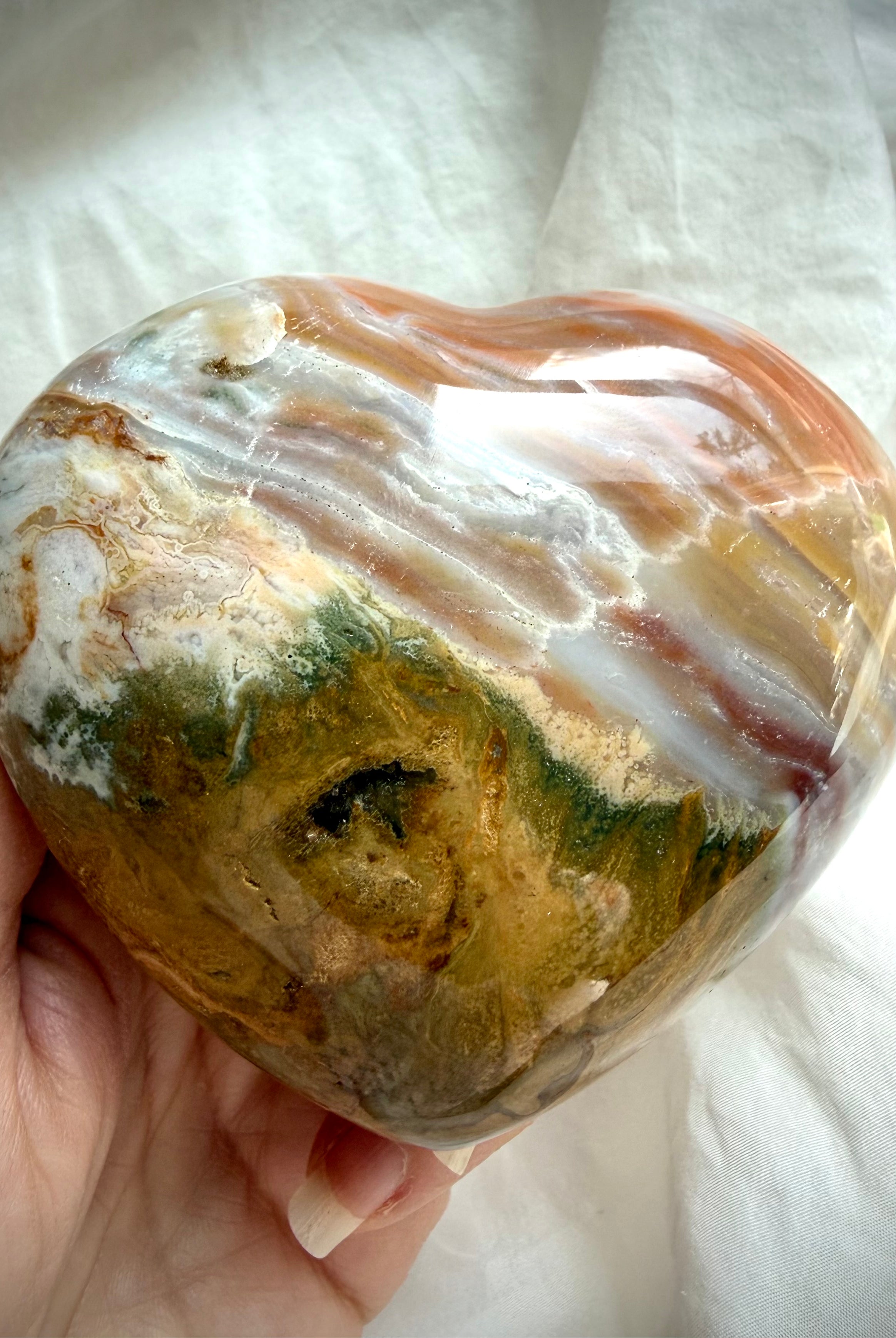 Large Ocean Jasper heart with landscape-like chalcedony layers, mossy green base and creamy agate banding, one of a kind healing crystal