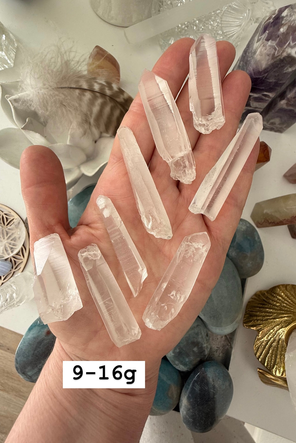 Lemurian Seed Quartz Points on a hand with size labeled — showing striations & natural shape for energy healing rituals.