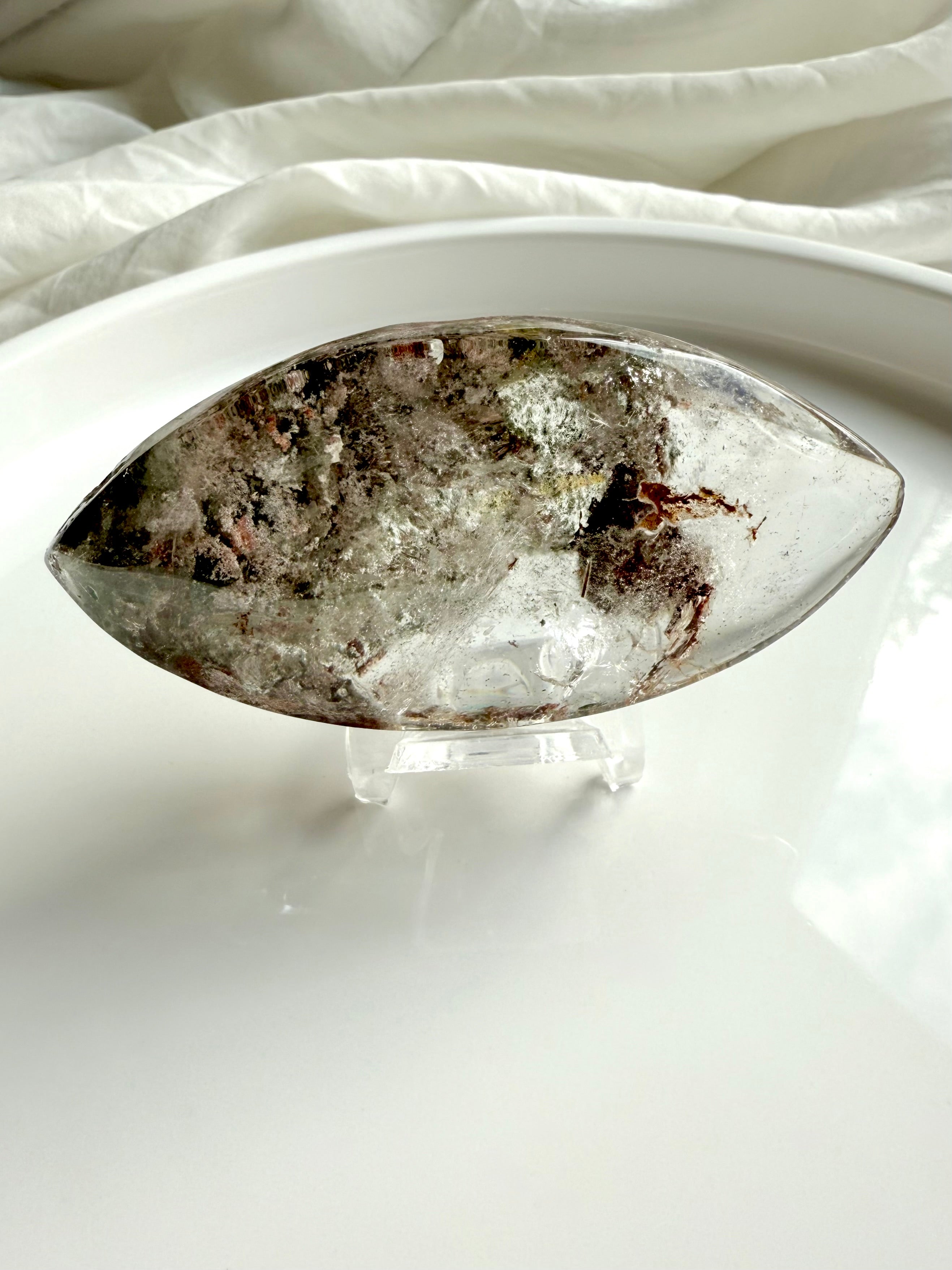 Polished Garden Quartz marquise showing natural lodolite landscape and golden healer energy