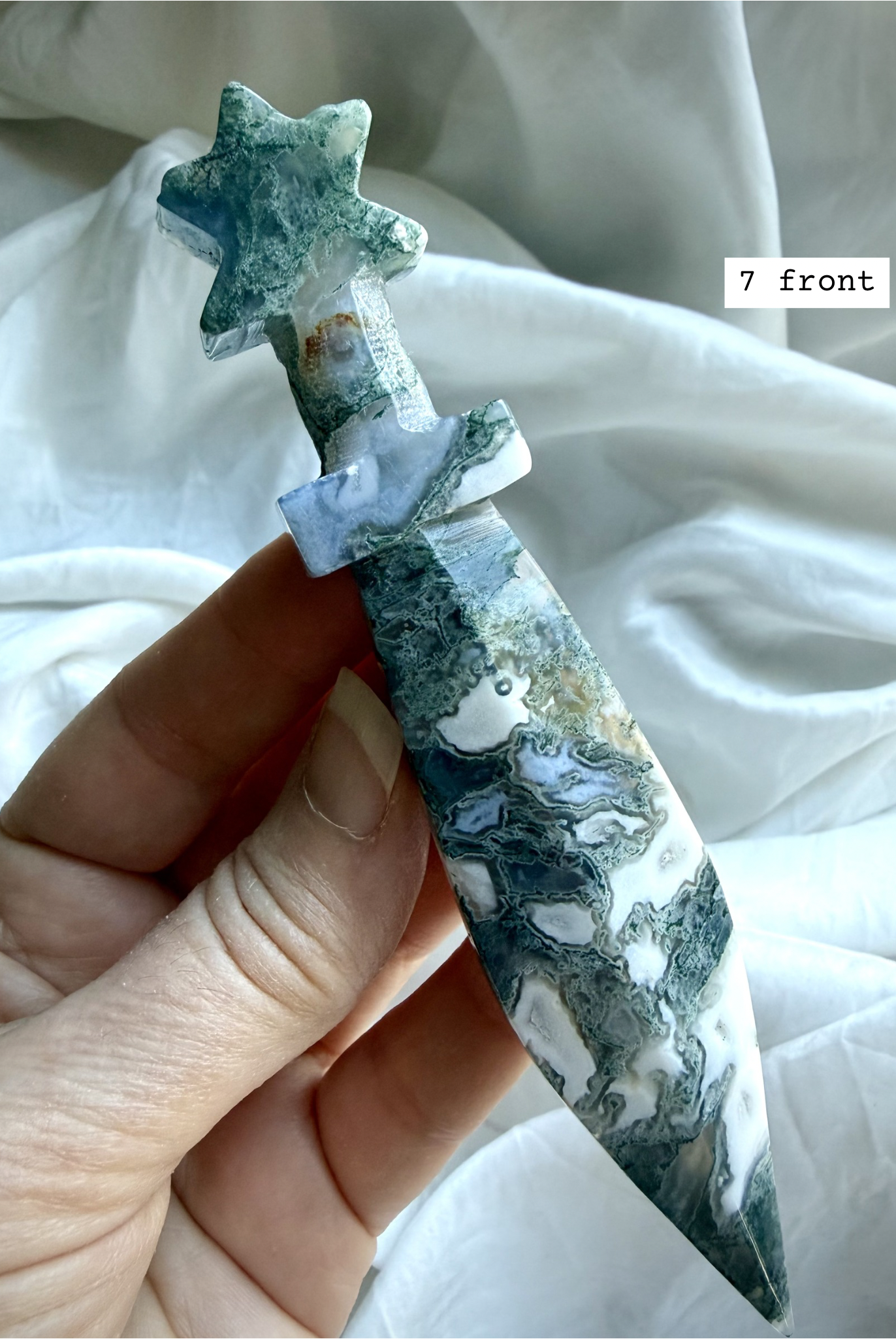 Moss Agate crystal star athame carving for altar decor, rituals, and energy work