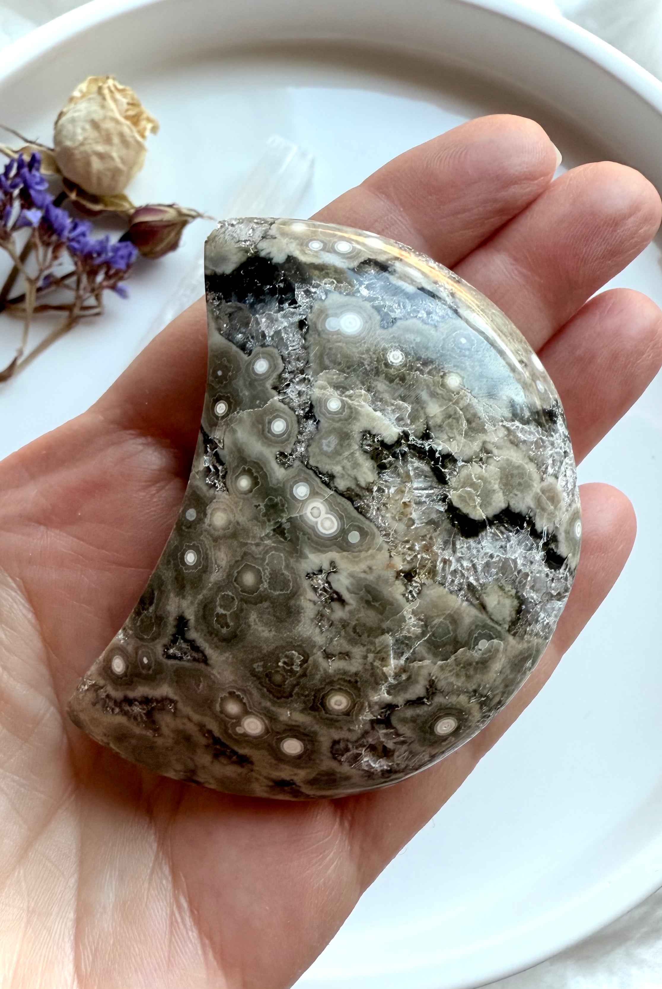 Polished Ocean Jasper moon carving in hand with striking orbicular circles, earthy tones, and sparkling druzy pocket