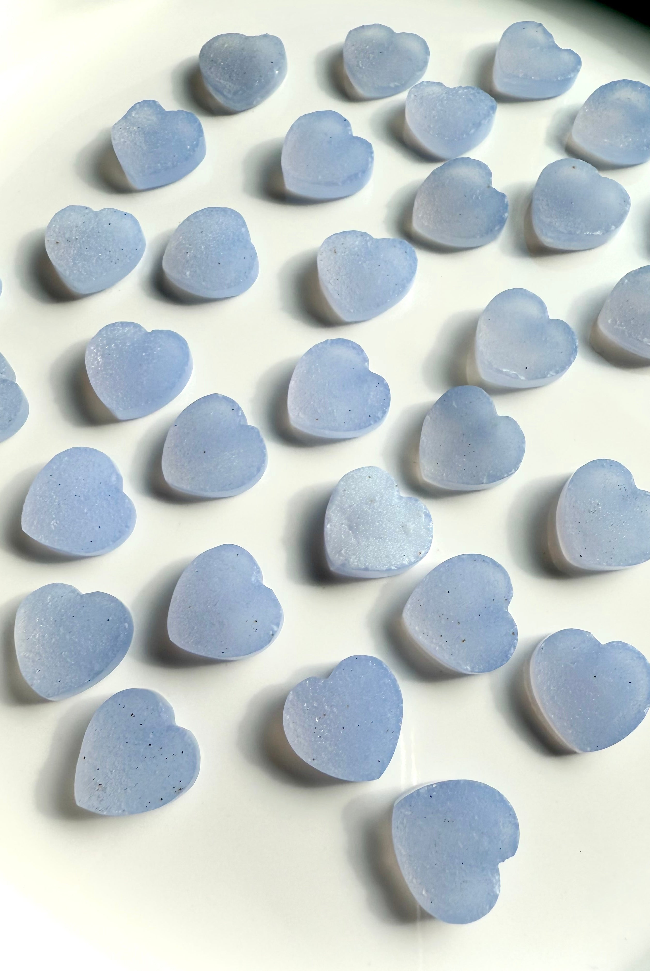 These mini Blue Chalcedony Heart cabochons are a pretty periwinkle blue
