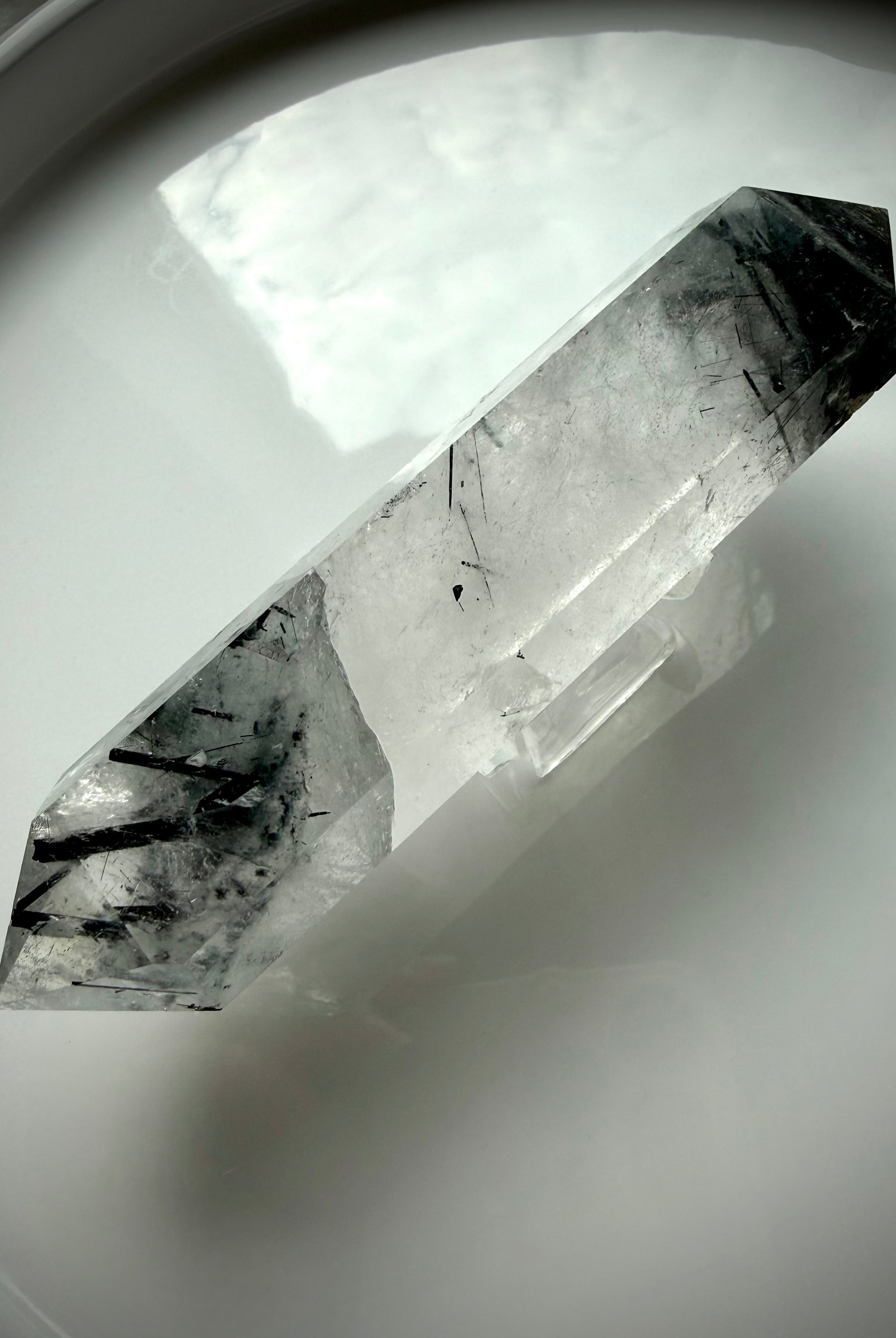 tourmalinated quartz double terminated crystal point with black tourmaline inclusions