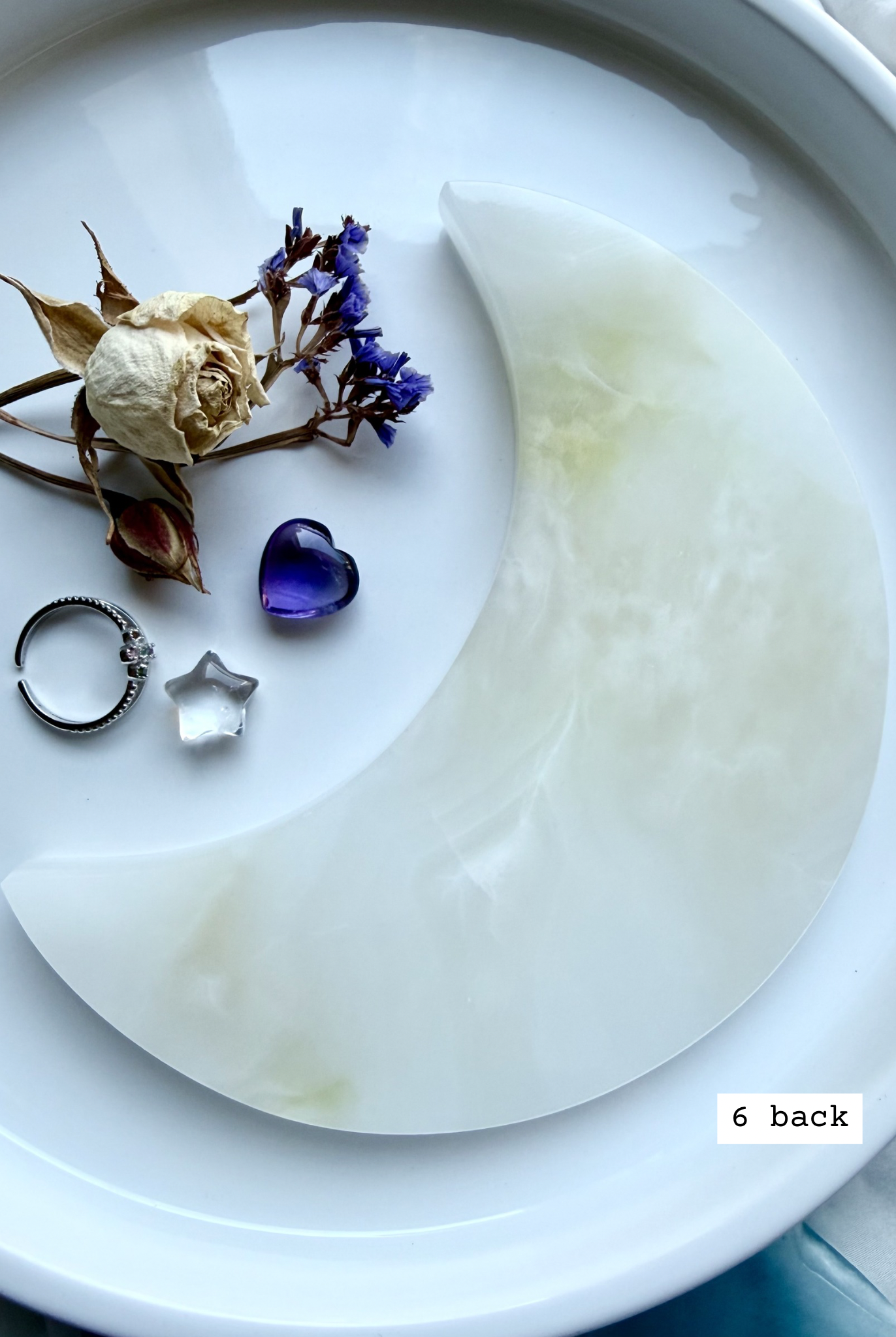 white onyx crescent moon plate # 6 back polished Mexican onyx with cloudy white and green natural pattern
