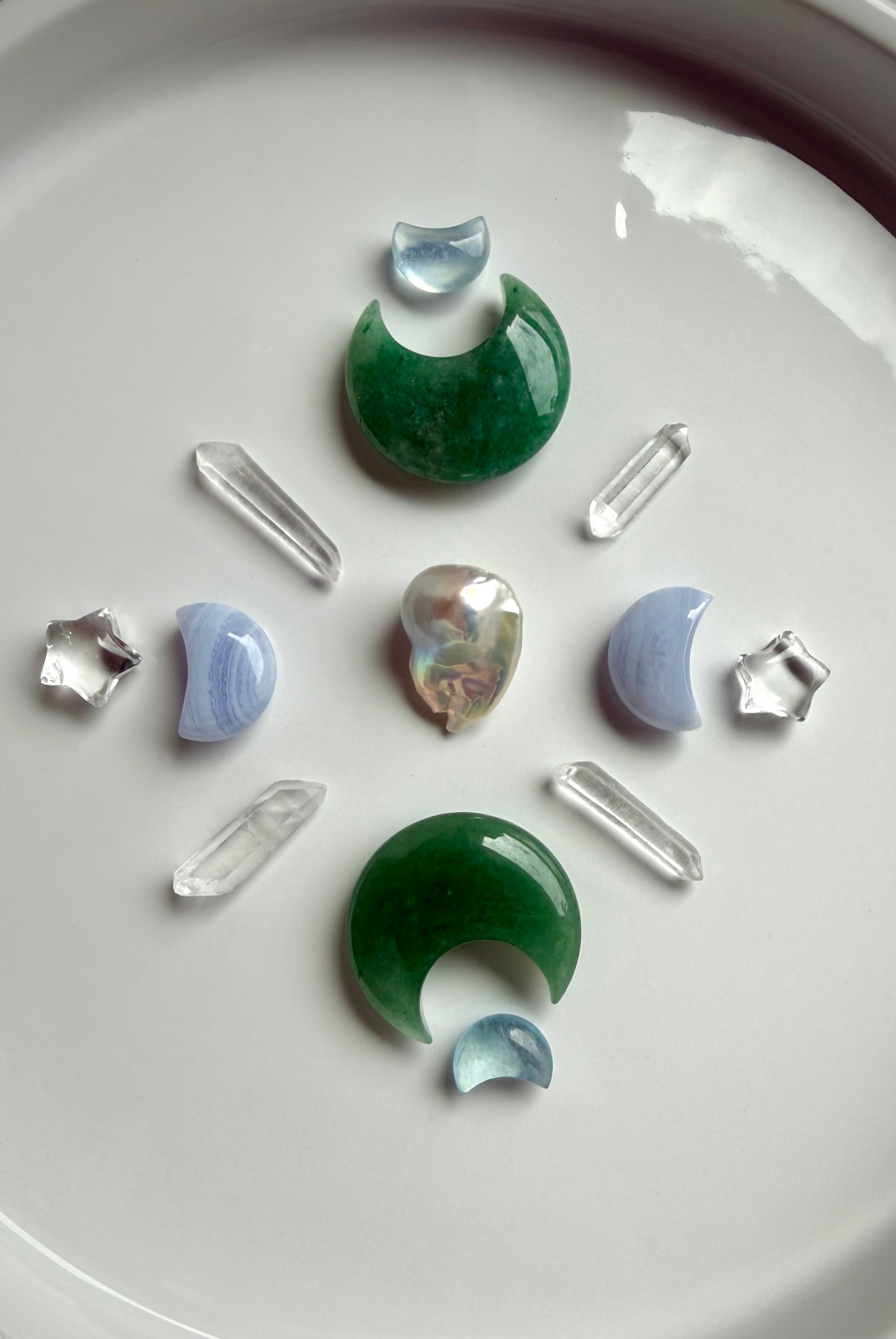 Crystal grid with Green Aventurine, Blue Lace Agate, and Aquamarine moons, with pearl and clear quartz, Heart Chakra and Throat Chakra stones for love and clear communication